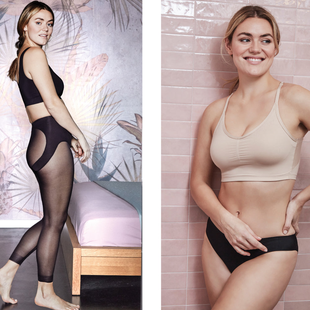 A woman wearing an open-bust shaping bodysuit, a woman wearing a sheer shaping legging, a woman wearing a shaping bralette, and a woman wearing a shaping bodysuit