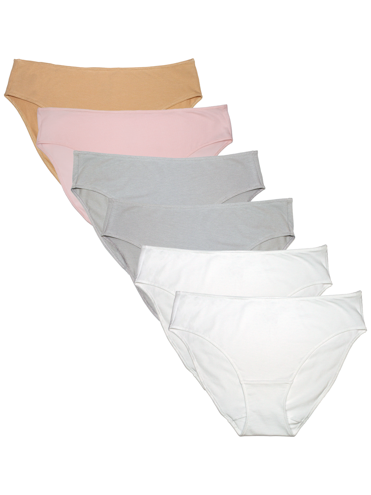 A set of six women's underwear briefs in a staggered fan layout, featuring neutral and pastel shades of tan, light pink, light gray, and white on a solid white background.