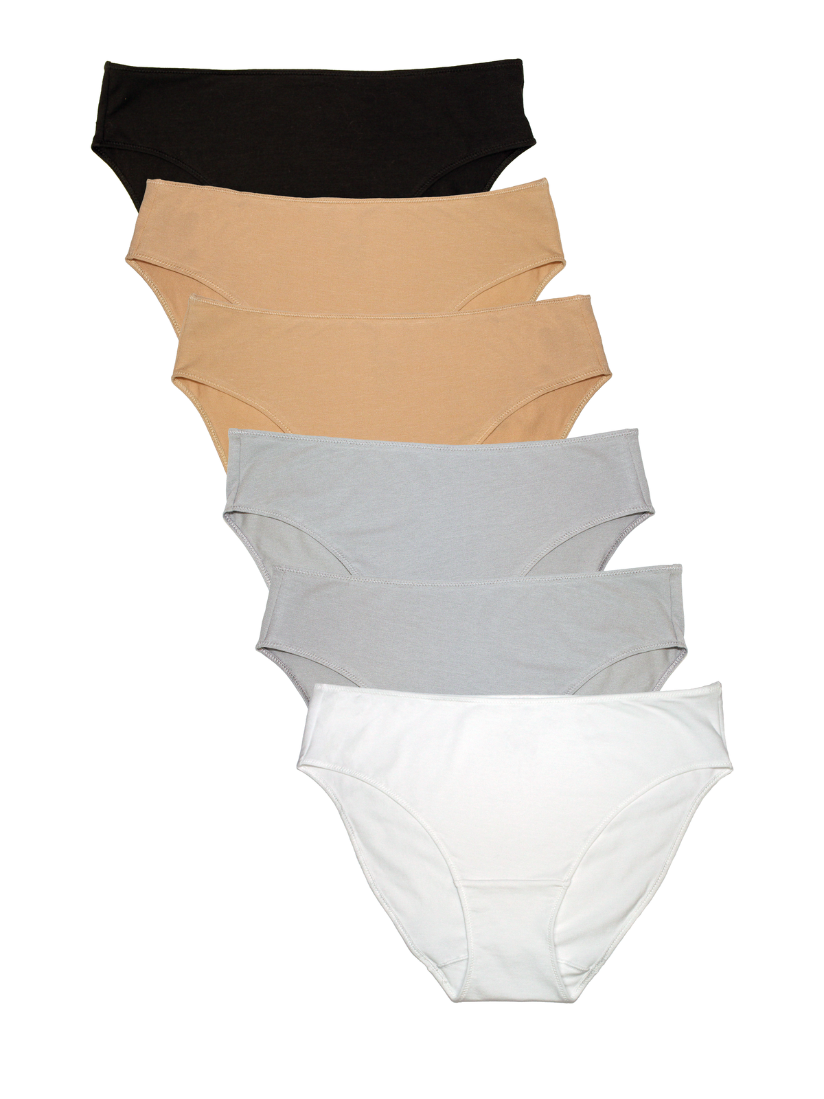 A set of six women's underwear briefs in a stacked fanned arrangement, featuring neutral shades of tan, black, light gray, and white on a solid white background.