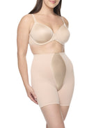 a woman wearing a nude tummy control body shaper short shapewear