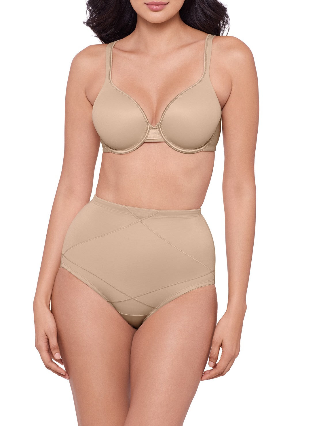 woman wearing a beige bra and beige shaping brief