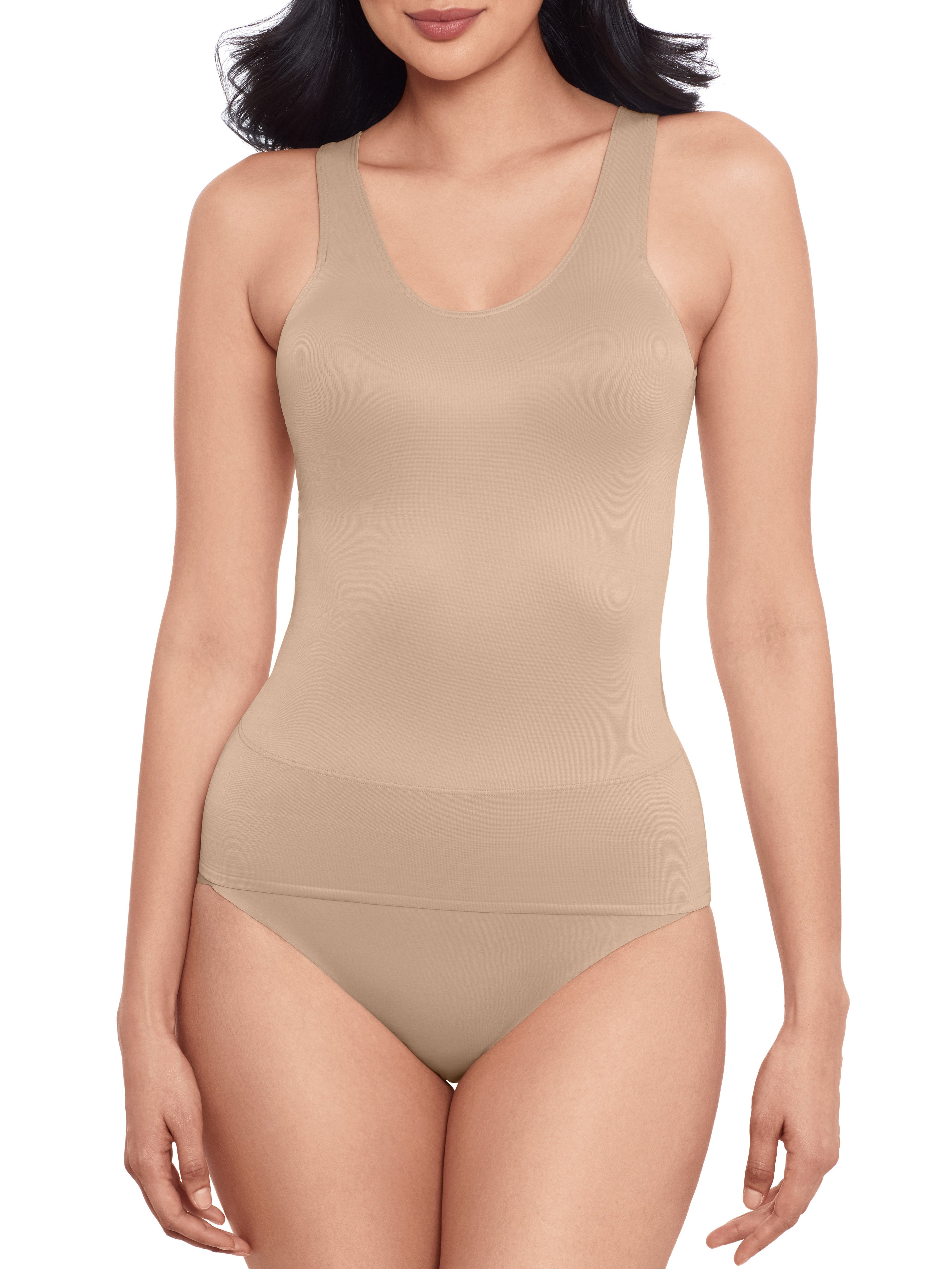 a woman wearing a nude back smoothing tummy control cami shapewear