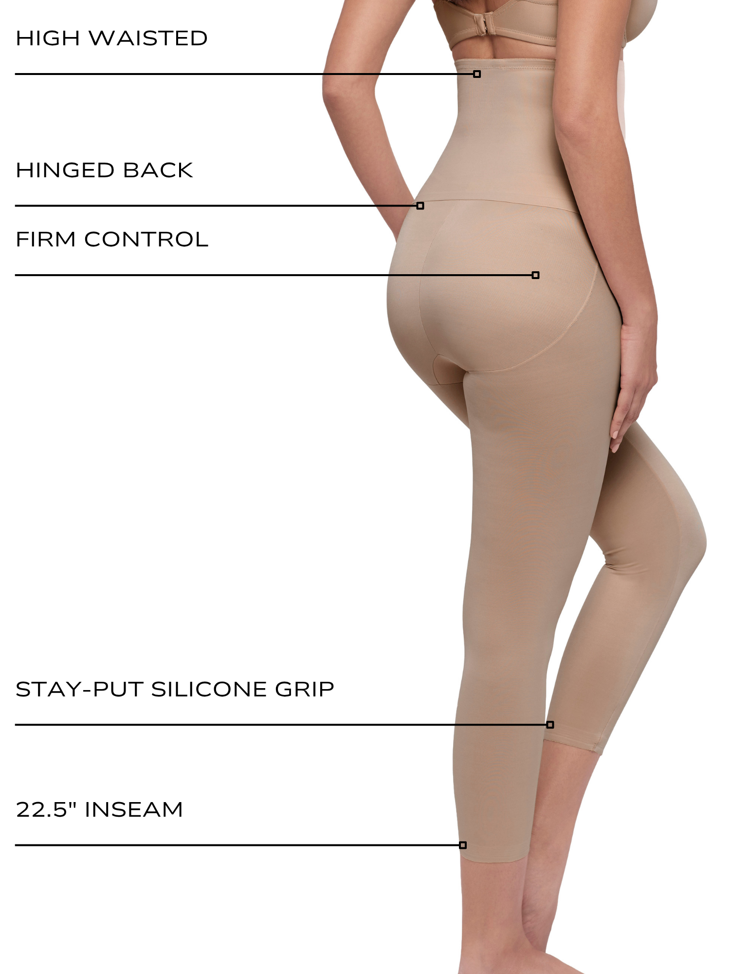 A model wearing high-waisted beige maternity or postpartum leggings shown from the back, with text callouts highlighting features such as high waist, hinged back, firm control, stay-put silicone grip, and 22.5" inseam. all-groups
