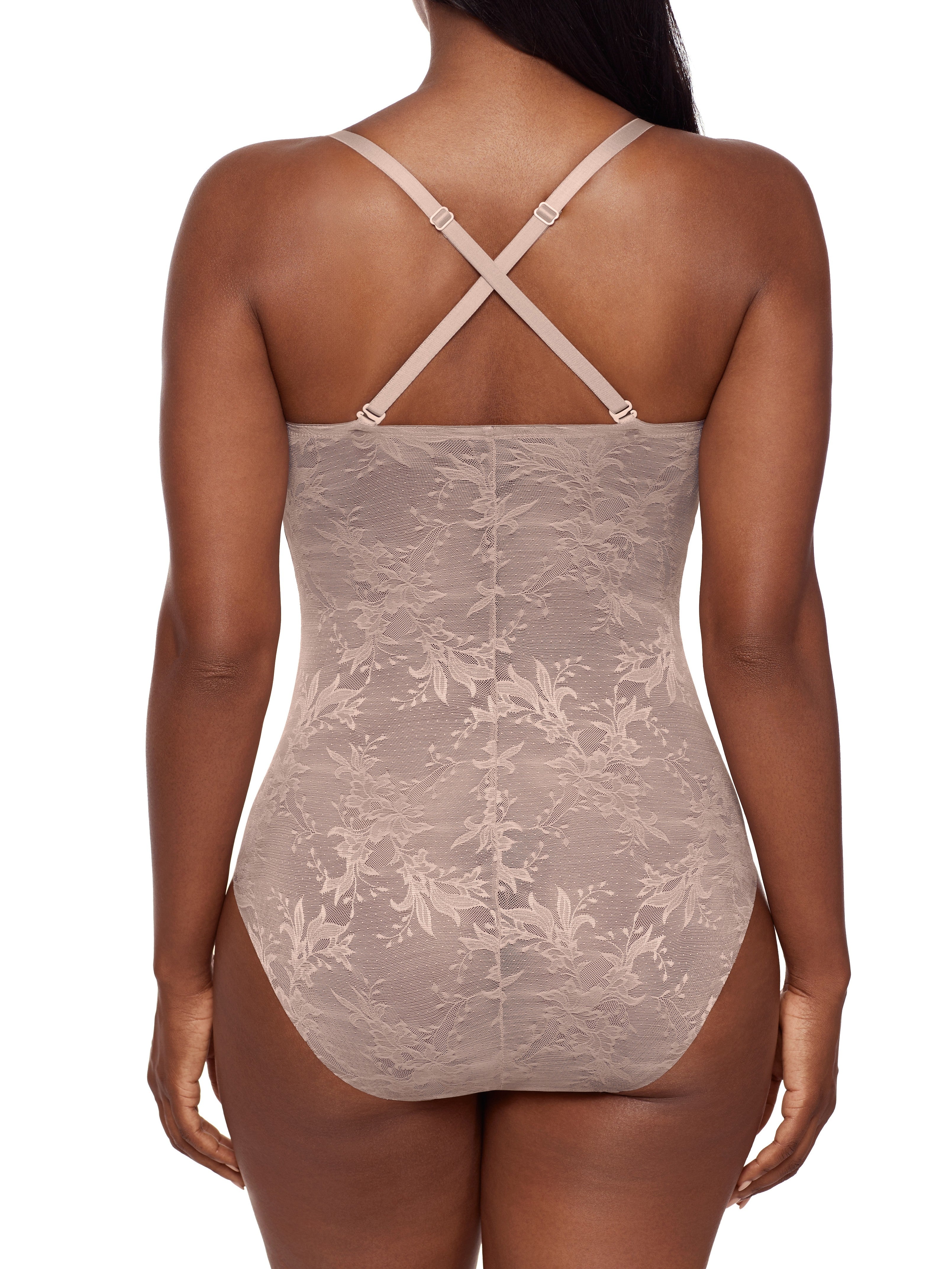 Lace bodysuit worn by a model on a white background