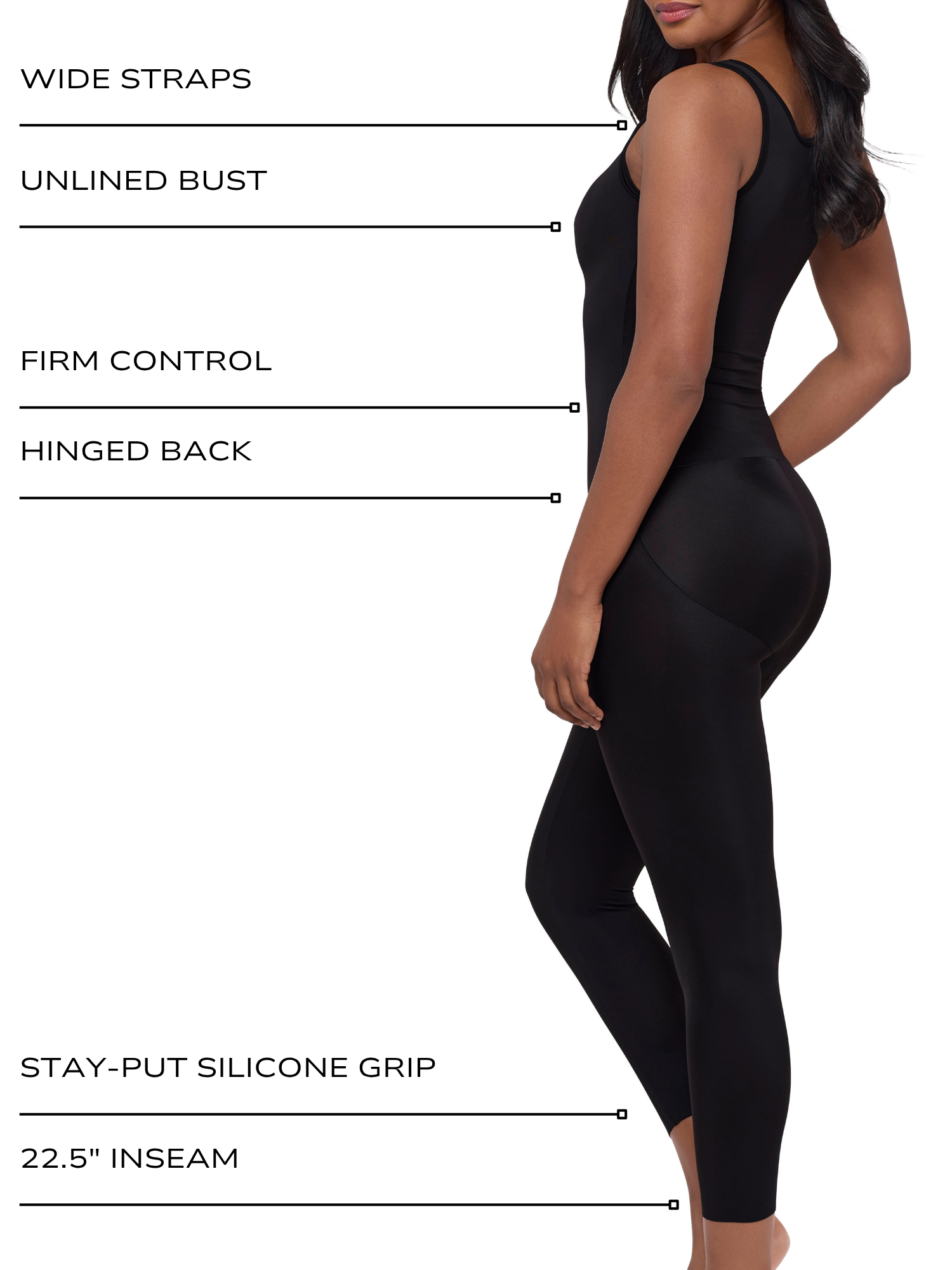 A woman modeling a black shapewear bodysuit from the side against a white background, with text callouts highlighting features such as wide straps, unlined bust, firm control, hinged back, stay-put silicone grip, and 22.5" inseam.