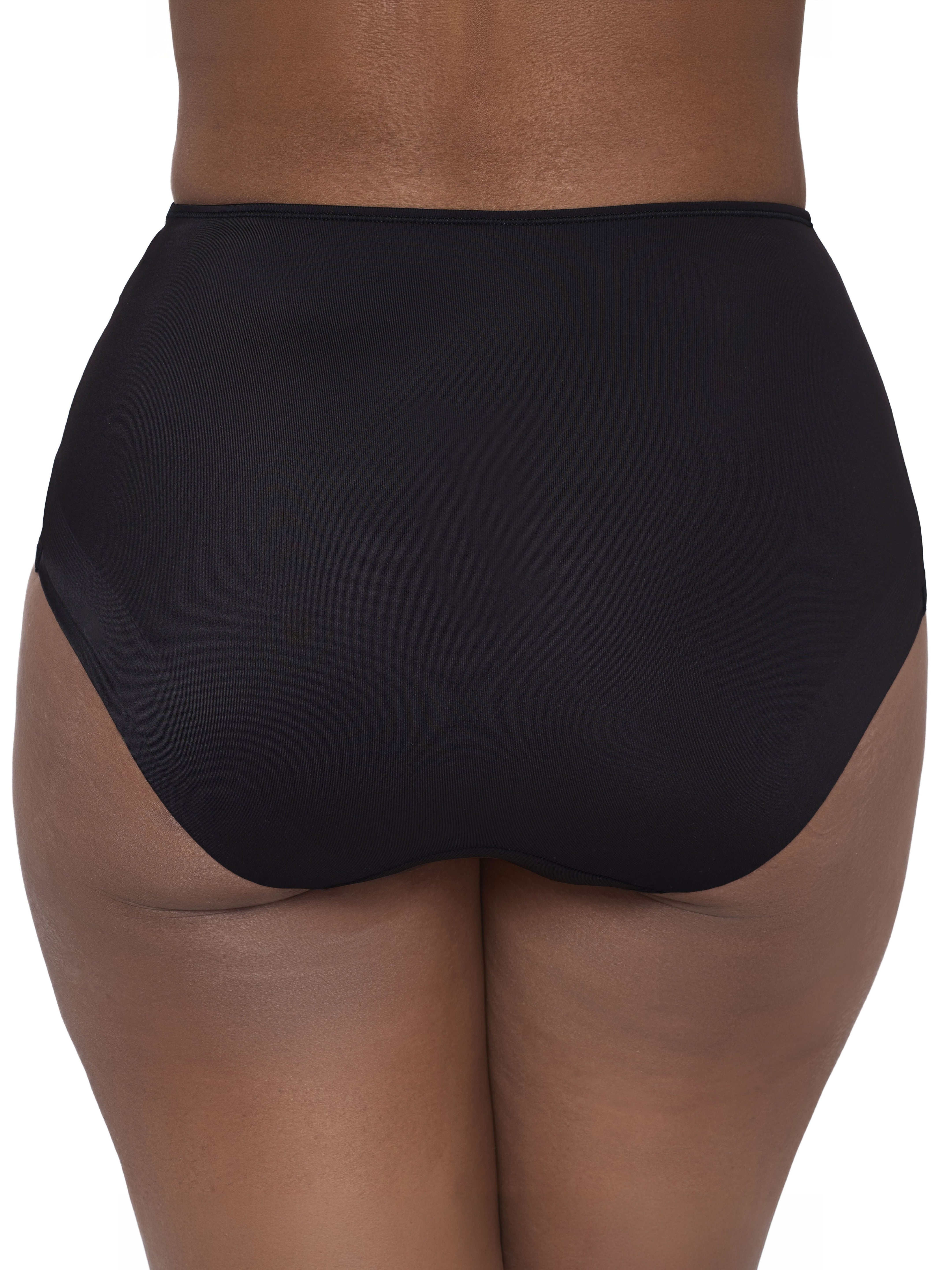 Black high-waisted briefs with sheer mesh side panels, shown on a model against a plain white background.