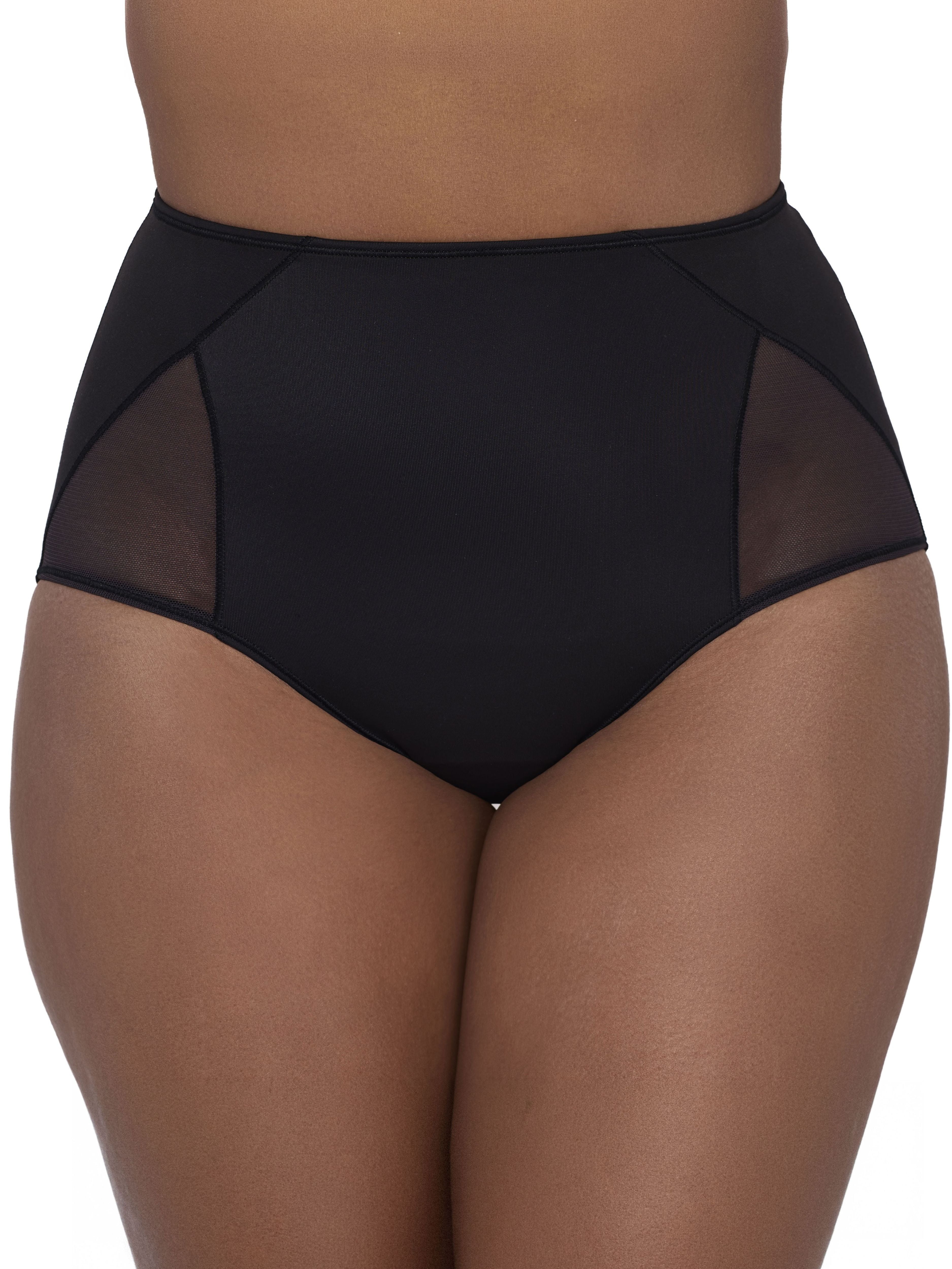 Black high-waisted briefs with sheer mesh side panels, shown on a model against a plain white background.