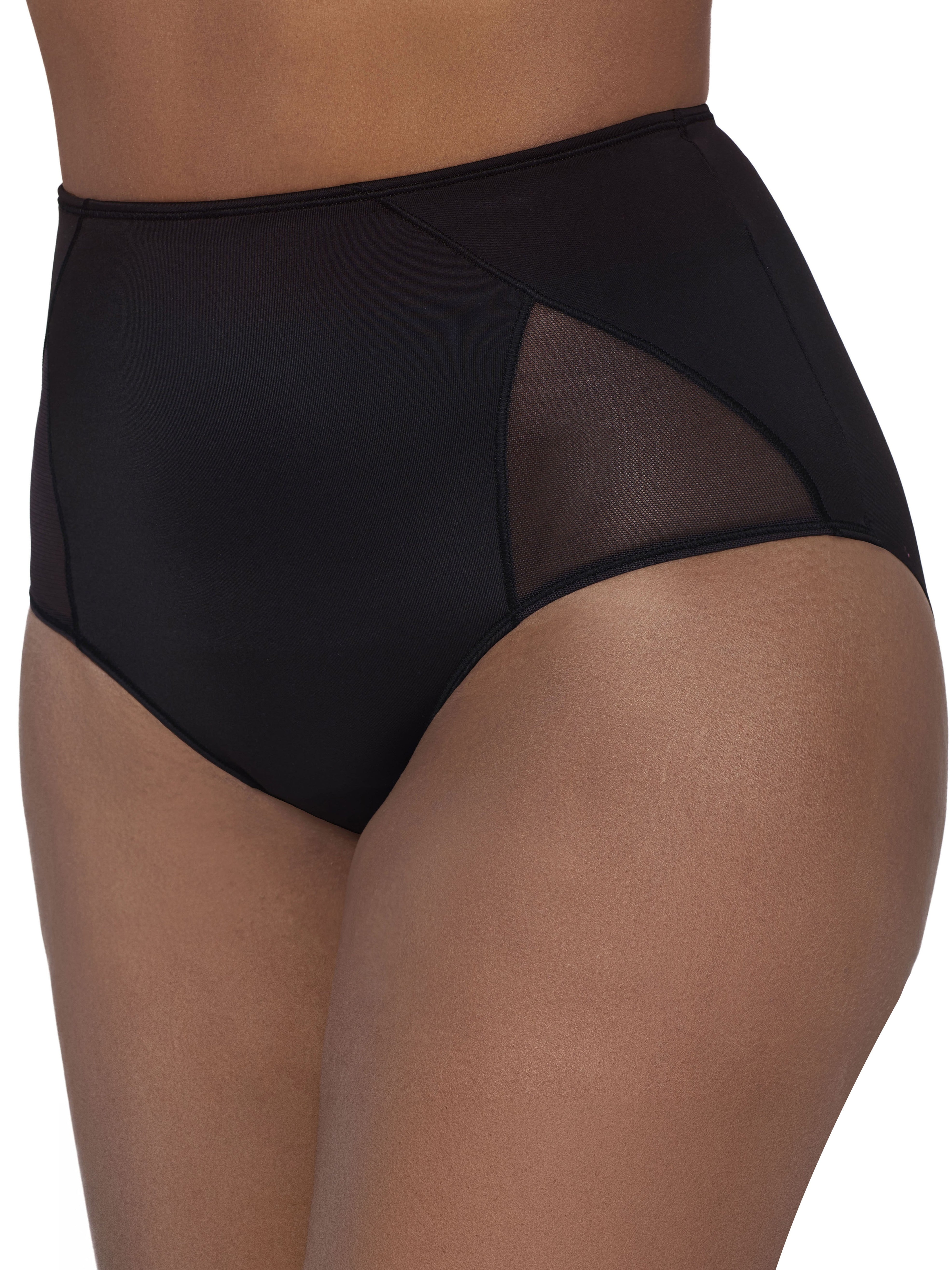 Black high-waisted briefs with sheer mesh side panels, shown on a model against a plain white background.