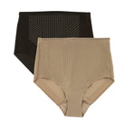 a nude control top panty on top of a black control top panty shapewear
