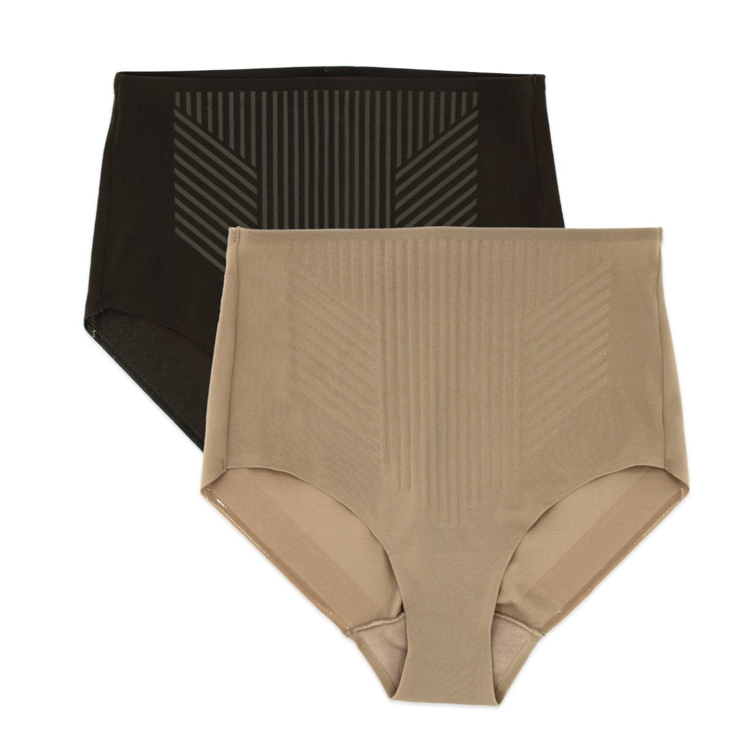 a nude control top panty on top of a black control top panty shapewear