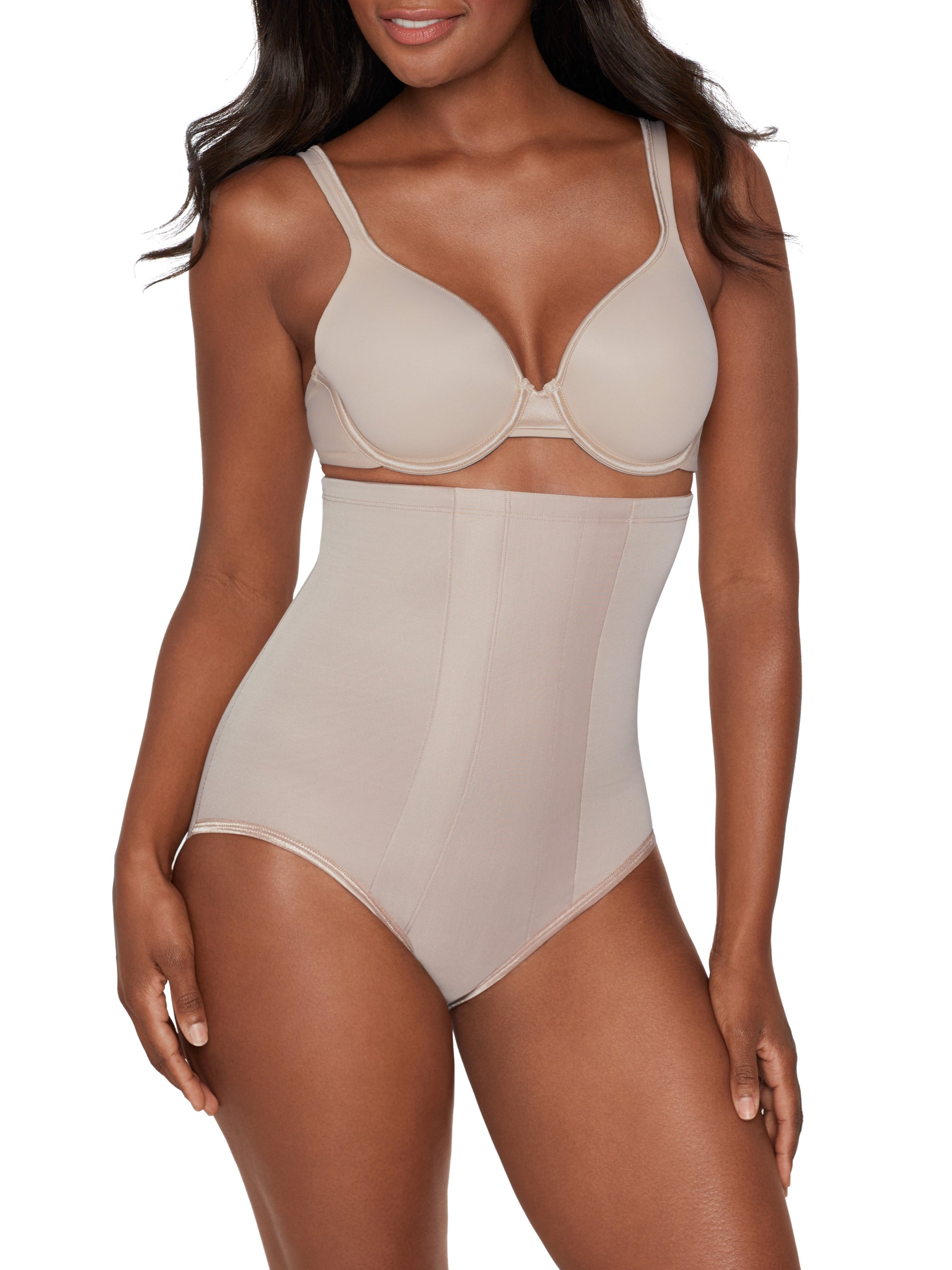 a woman wearing beige high waisted tummy control underwear