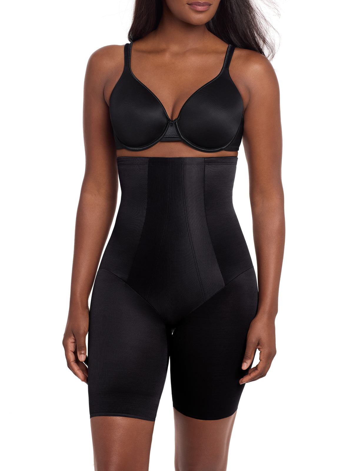 a woman wearing a black high waisted tummy control thigh slimmer shaping short miraclesuit shapewear