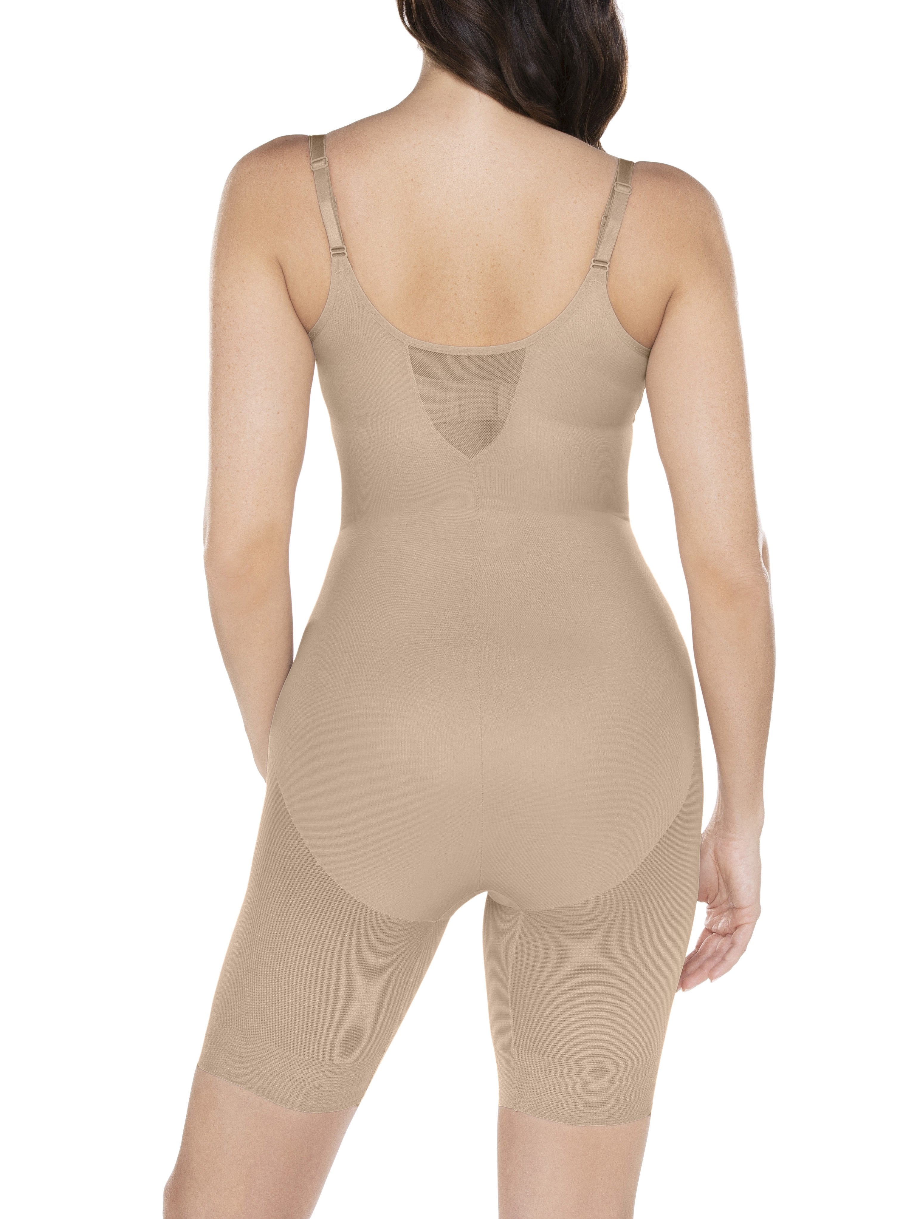 a woman wearing a nude open bust torsette body shaper sheer shapewear