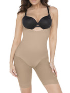 a woman wearing a nude open bust torsette body shaper sheer shapewear