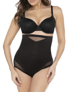 a woman wearing black high waisted tummy control underwear sheer shapewear