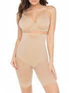 a woman wearing a nude high waisted sheer shapewear short body shaper