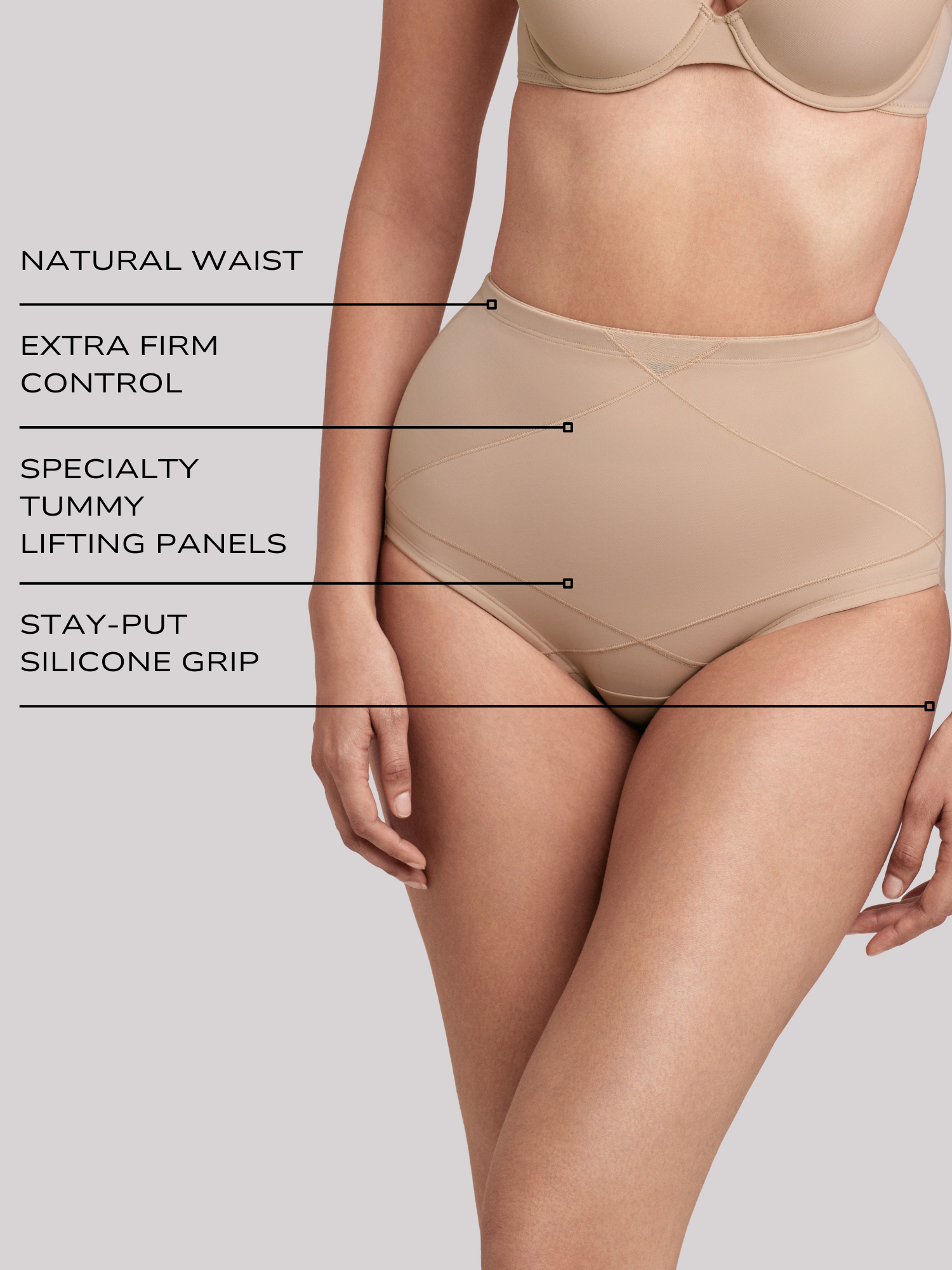 an infographic explaining the features and benefits of the miraclesuit shapewear tummy tucker panty tummy control brief all-groups