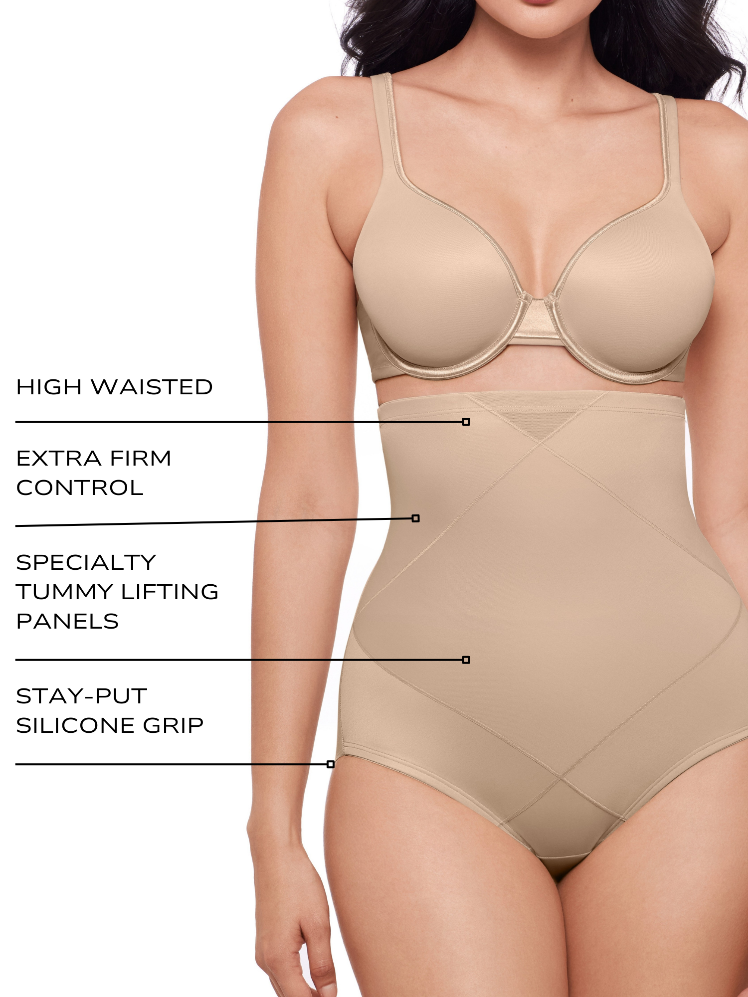 an infographic explaining the features and benefits of the miraclesuit shapewear high waisted tummy tucker brief control underwear all-groups