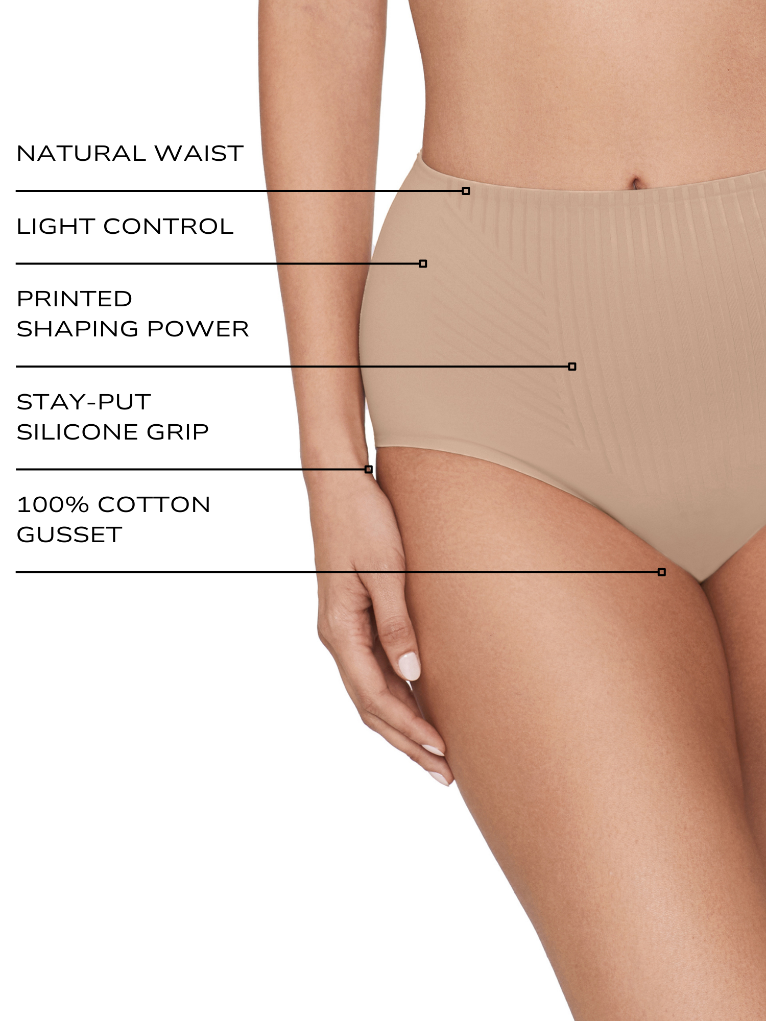 an infographic explaining the features and benefits of the miraclesuit shapewear lycra fitsense light tummy control panty all-groups