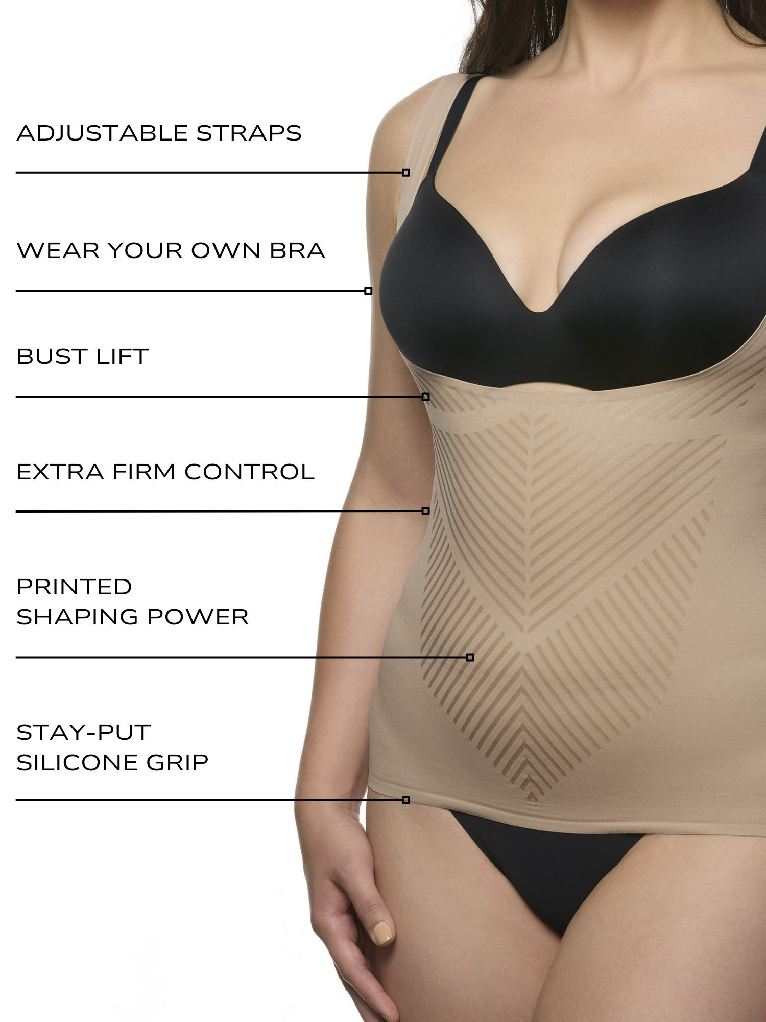 an infographic explaining the features and benefits of the WYOB shaping camisole all-groups