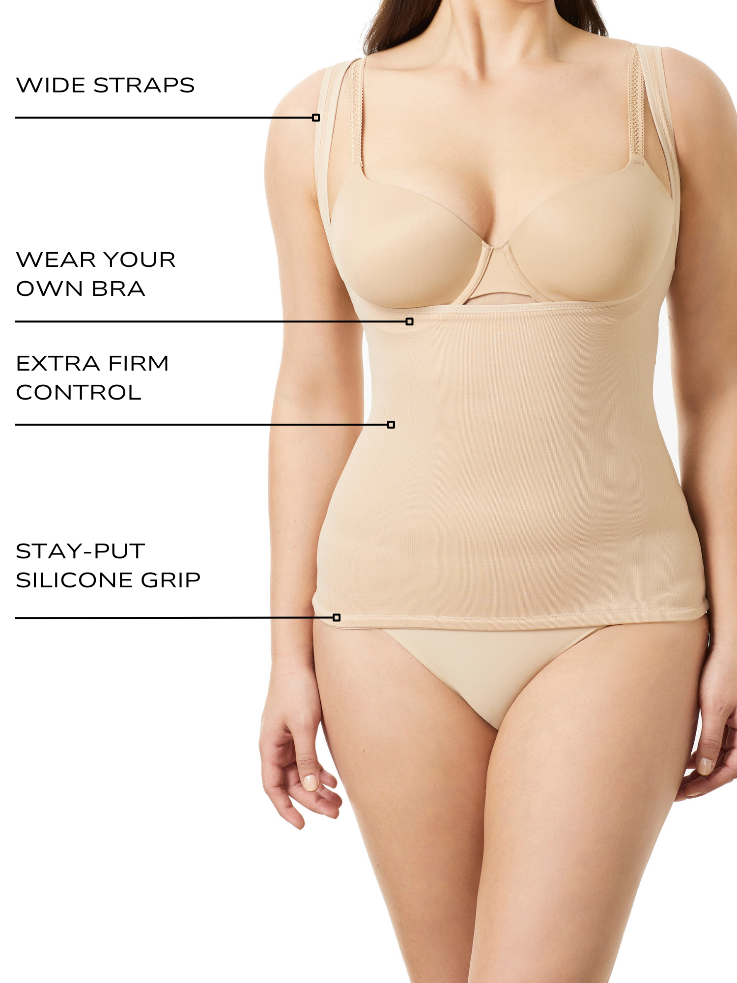 an infographic explaining the features and benefits of the cupid shapewear open bust shaping cami tank top all-groups