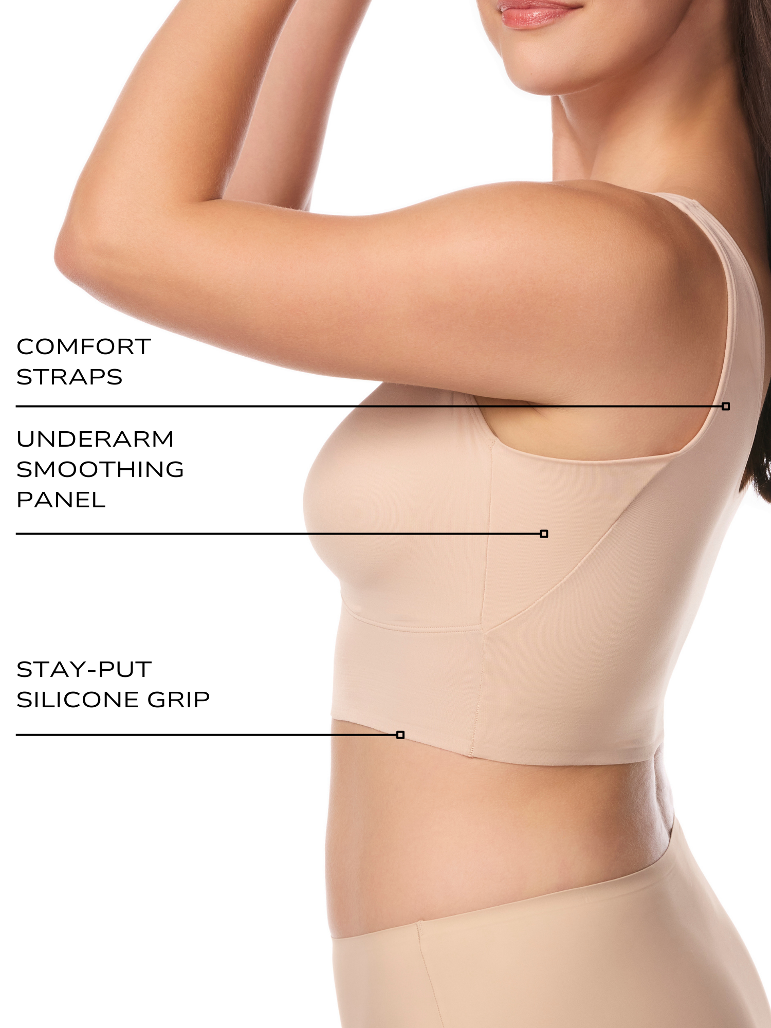 an explainer image showing the features and benefits of the shaping bralette all-groups