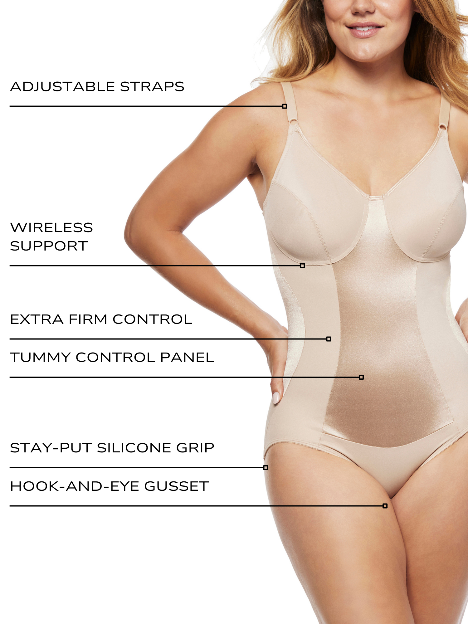 an infographic explaining the features and benefits of the wireless shaping bodysuit body shaper all-groups
