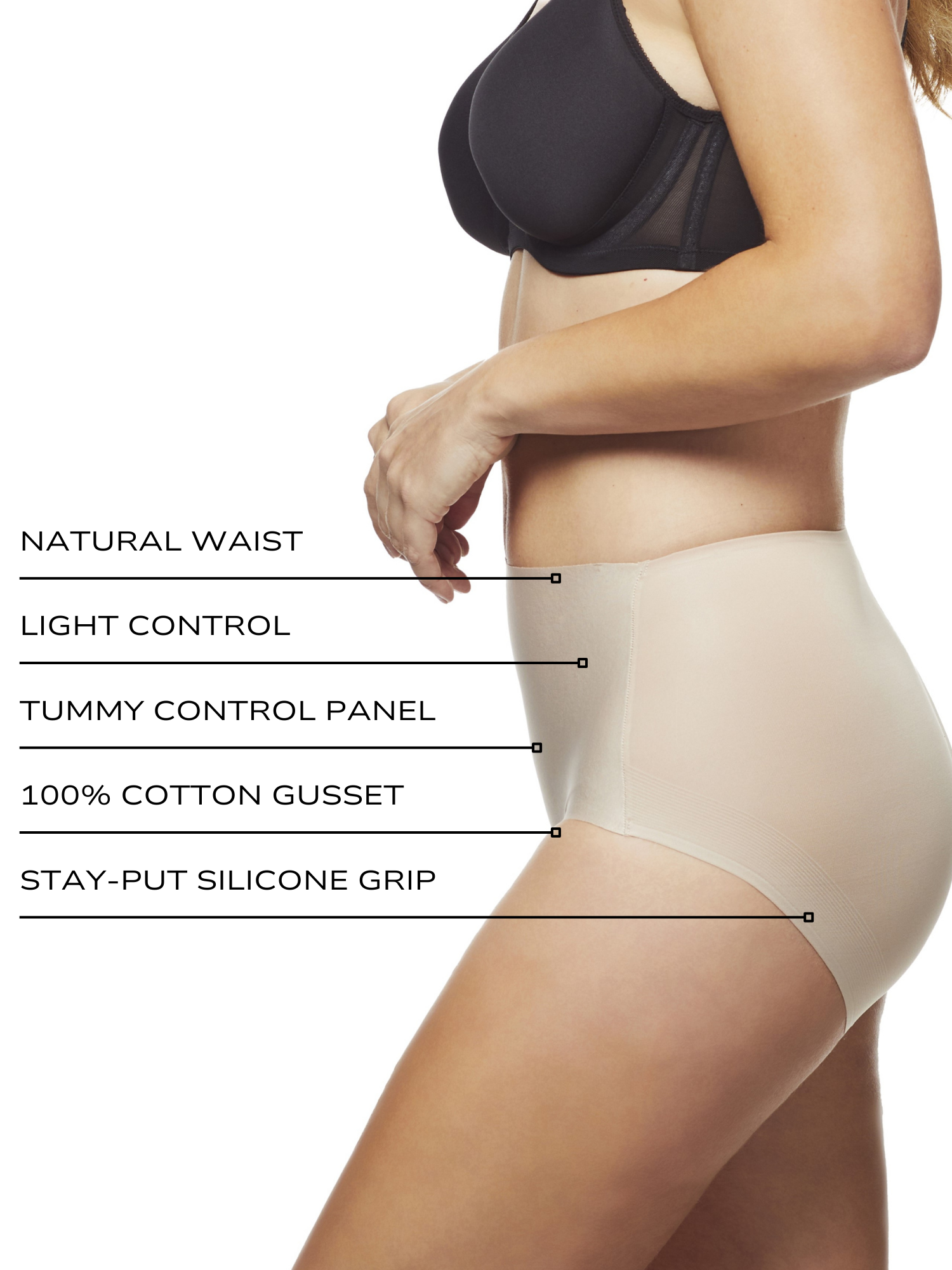 an infographic explaining the features and benefits of the 2 pack light tummy control panty all-groups