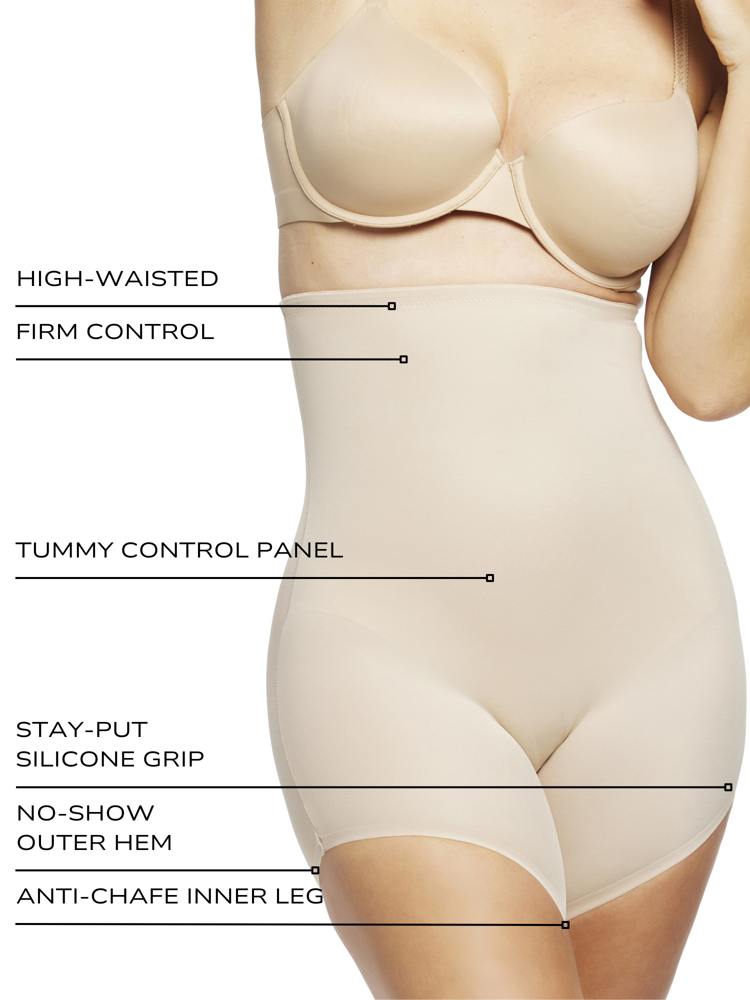 an infographic explaining the features and benefits of the naomi nicole shapewear high waisted slanted hem shaping short all-groups