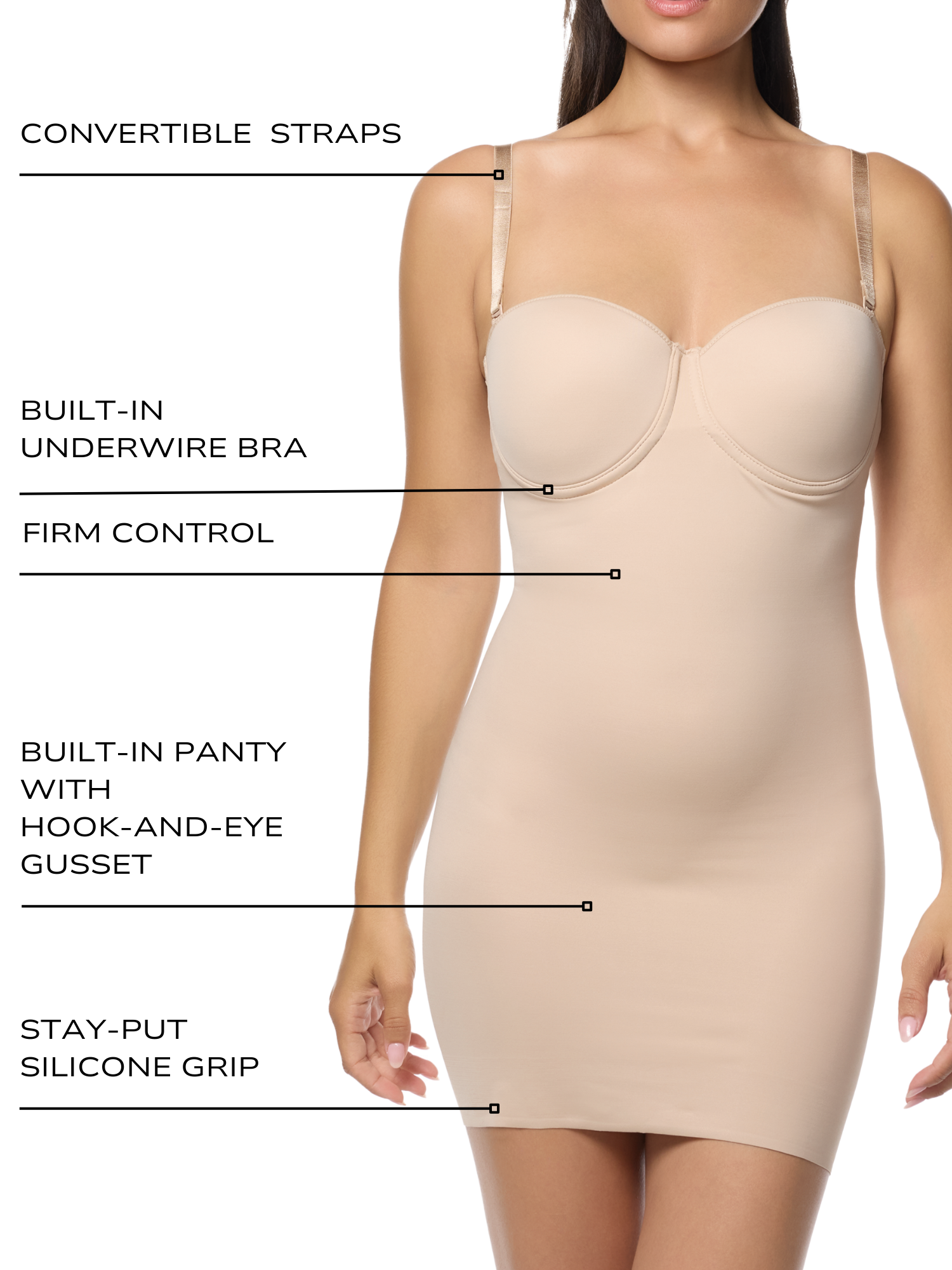 an infographic explaining the features and benefits of the strapless shapewear bodysuit shaping slip all-groups