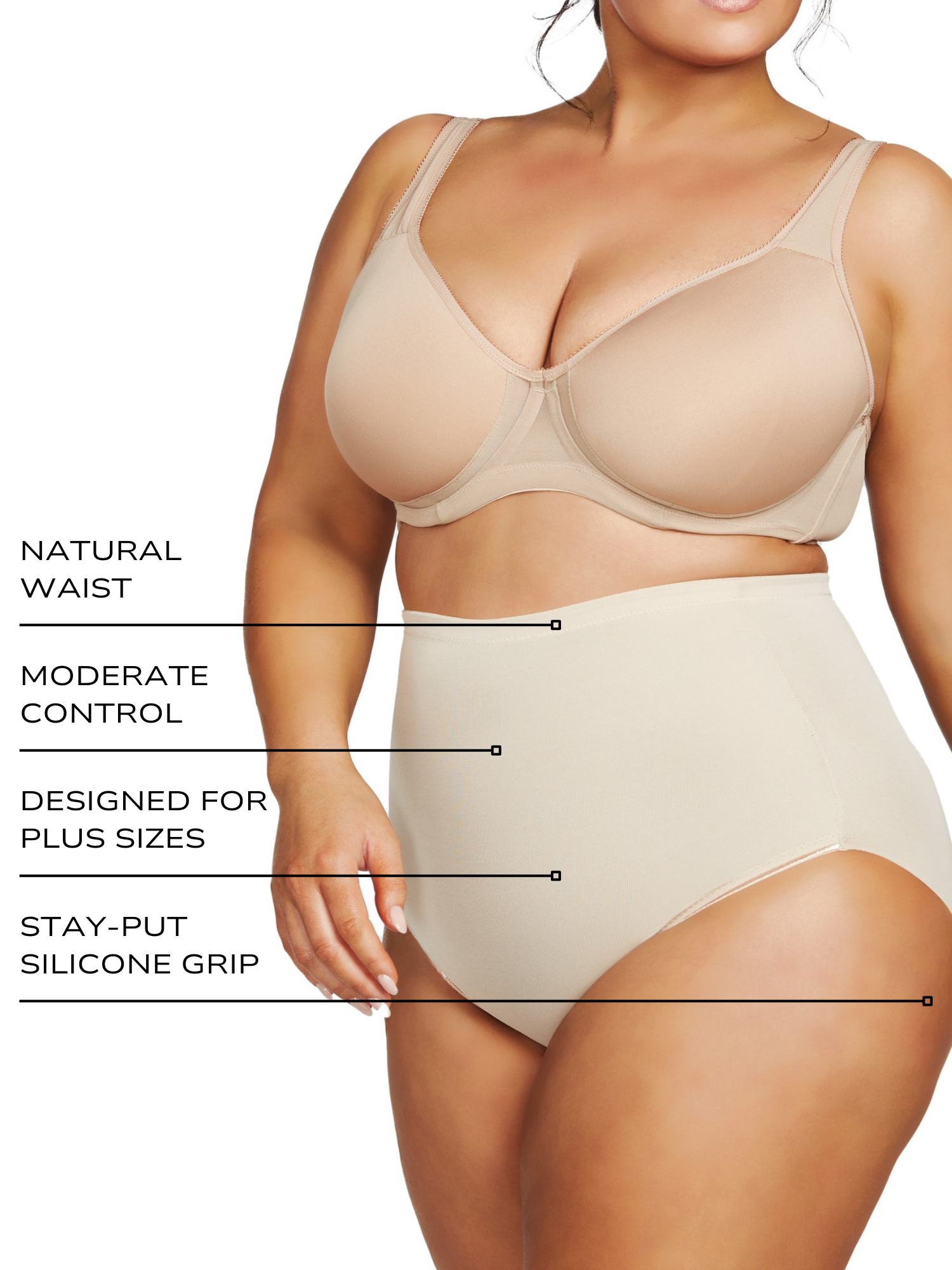 an infographic explaining the features and benefits of the plus size tummy control panty all-groups