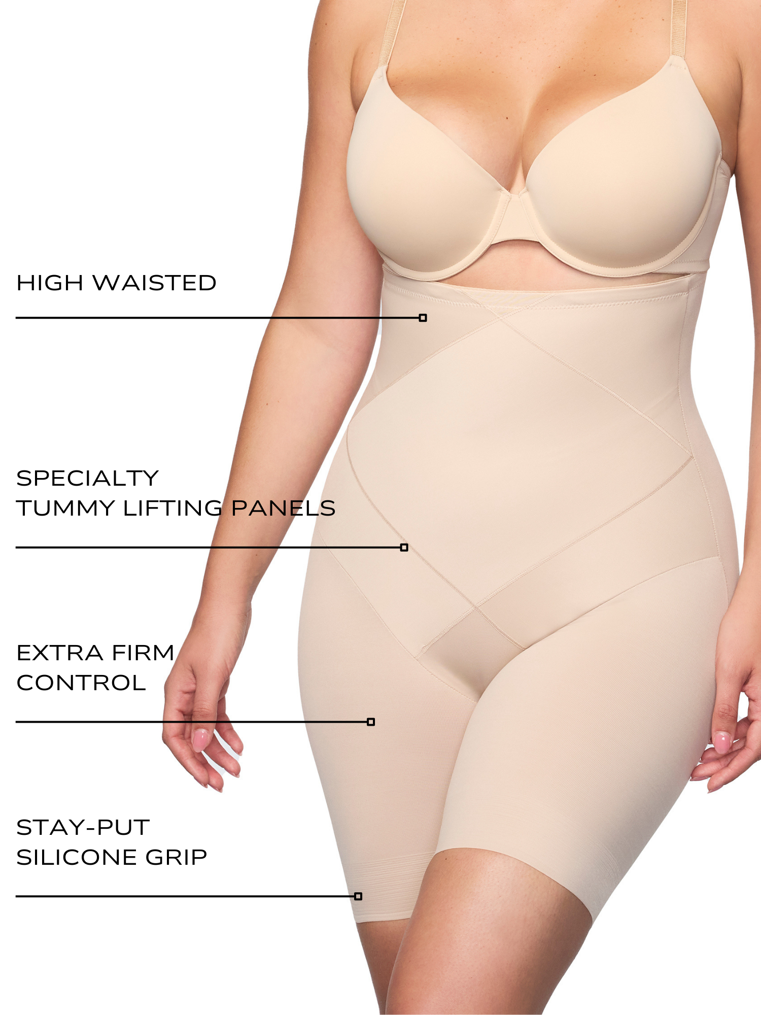an infographic explaining the features and benefits of the tummy tucker high waisted thigh slimmer shaper all-groups