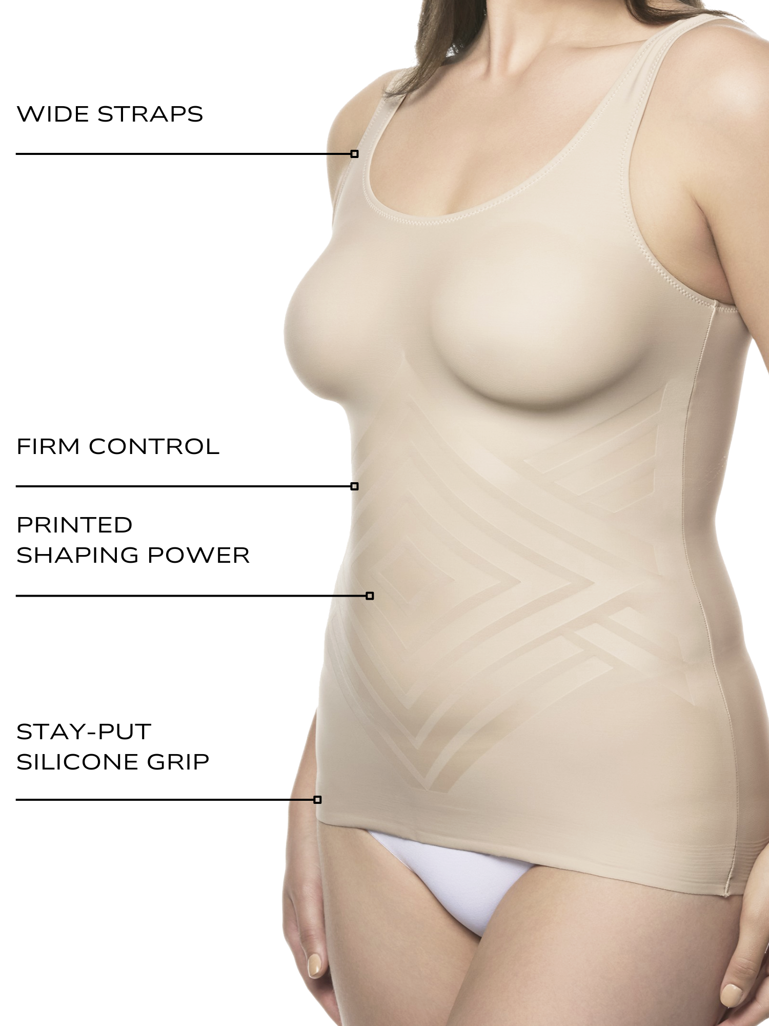 an infographic describing the features and benefits of the cupid shaping cami tank top body shaper all-groups