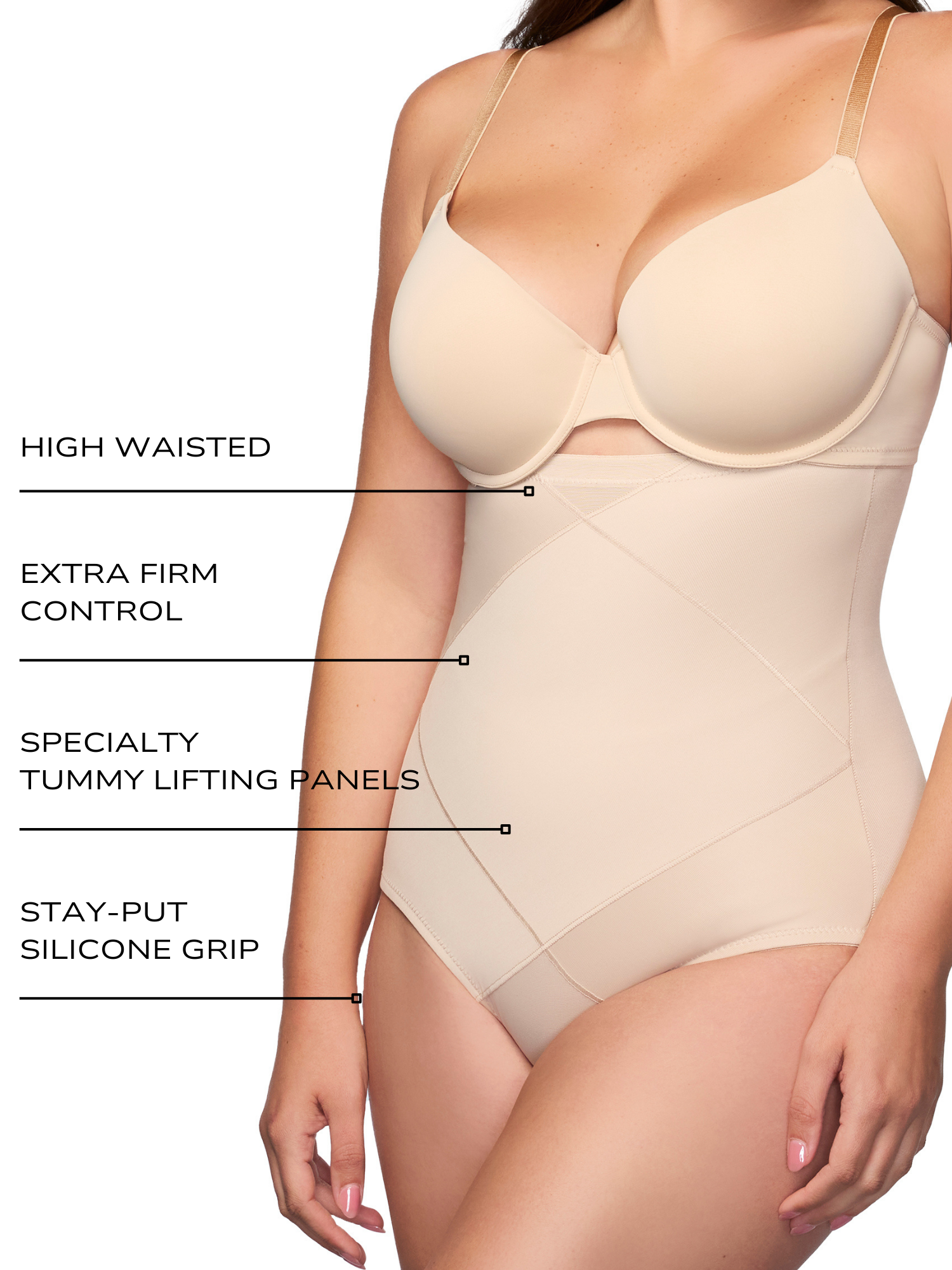 an infographic explaining the features and benefits of the tummy tucker high waisted tummy control brief shaper all-groups
