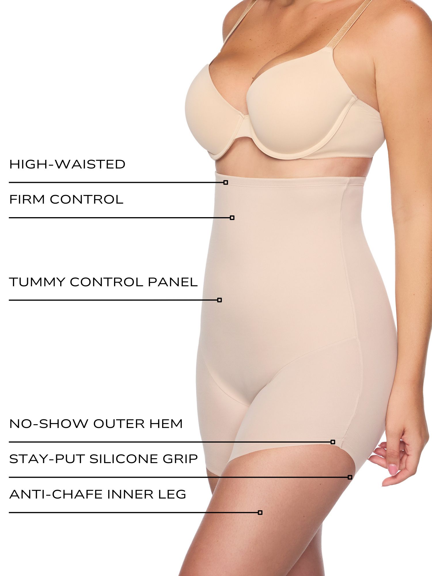 an infographic explaining the features and benefits of the slanted hem no chub rub shaping short all-groups