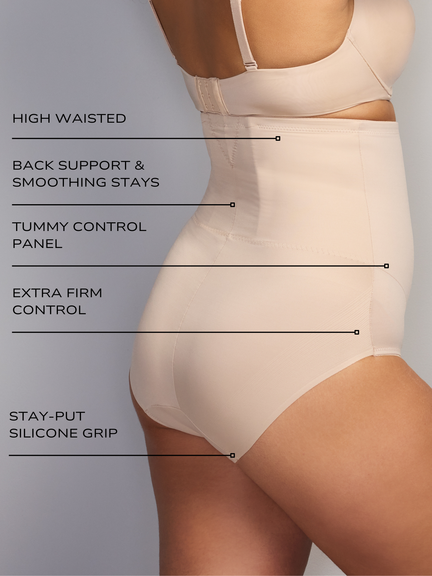 an infographic explaining the features and benefits of the back magic high waisted tummy control panty all-groups