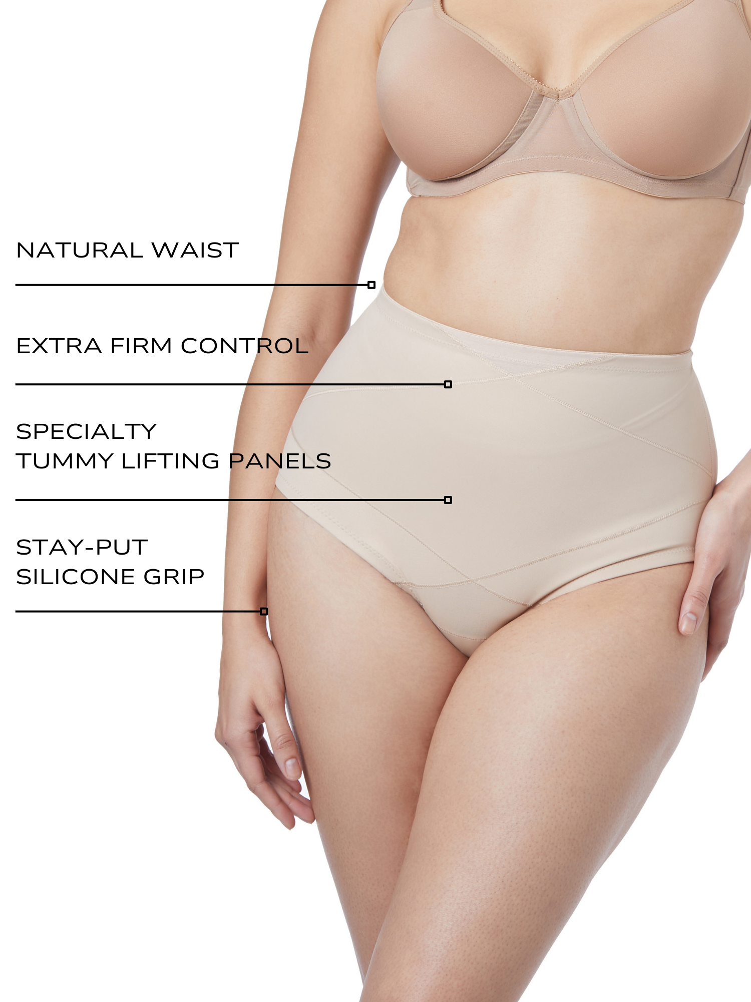 an infographic explaining the features and benefits of the tummy tucker panty control underwear all-groups