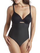 a woman wearing a black tummy control underwear thong