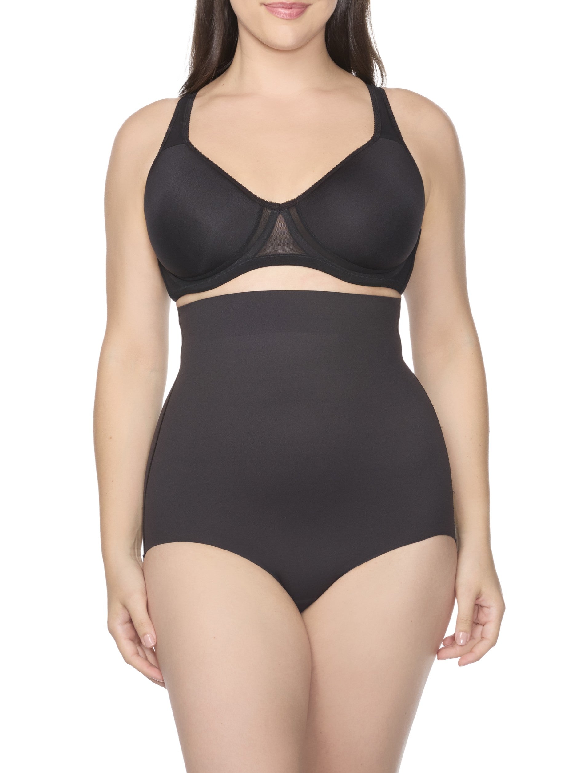 a woman wearing a black high-waist shaping brief