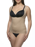 woman wearing a beige open bust camisole with a beige bra