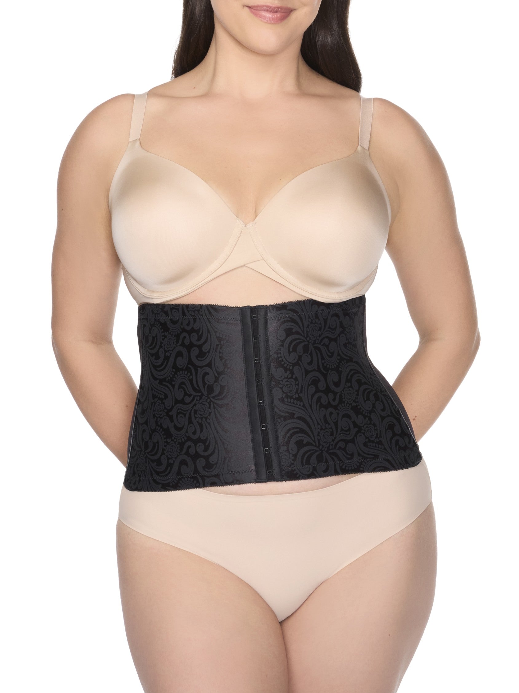 a woman wearing a black waist cincher waist trainer shapewear