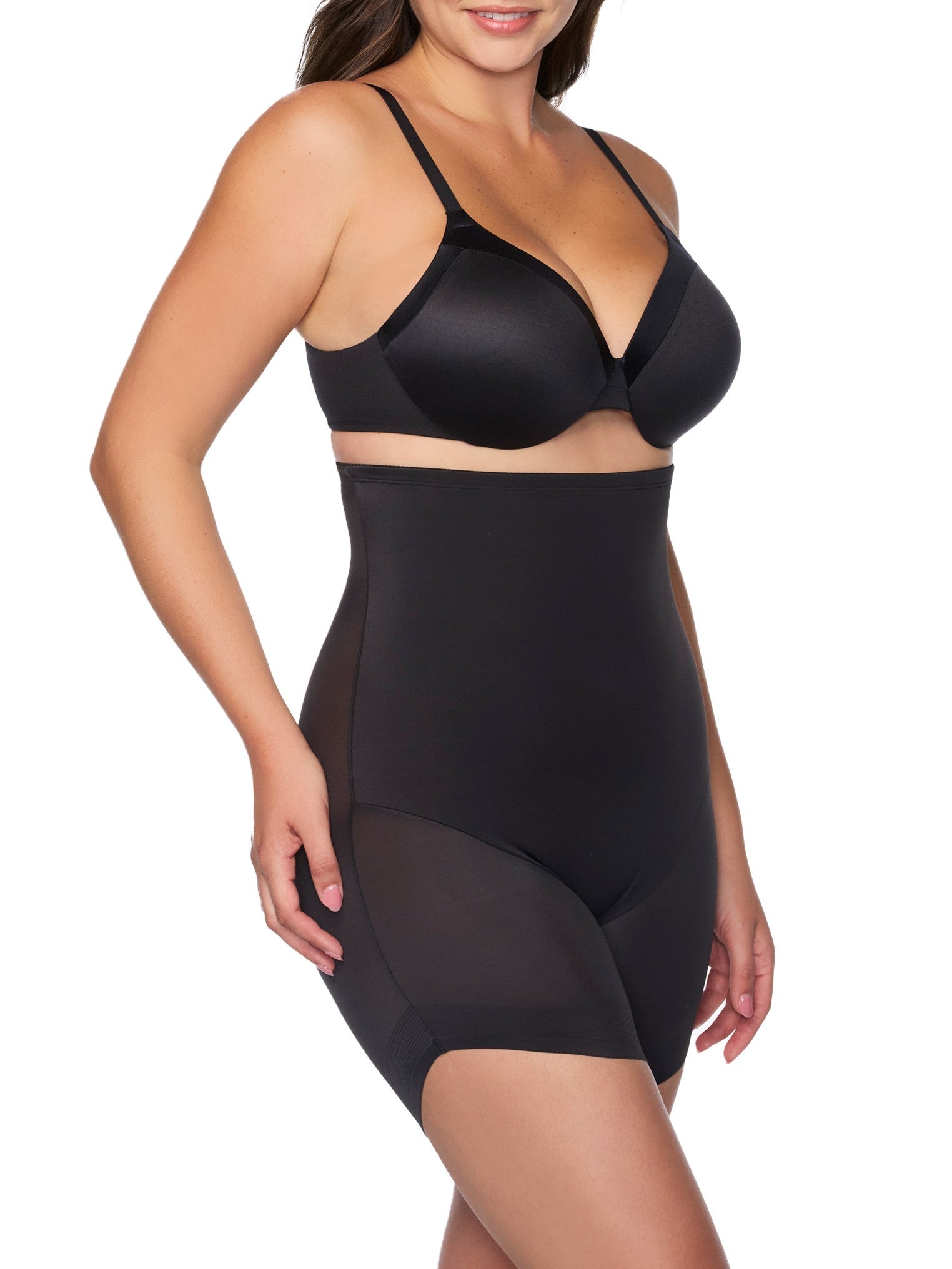 a woman wearing a black high-waisted slanted hem short body shaper