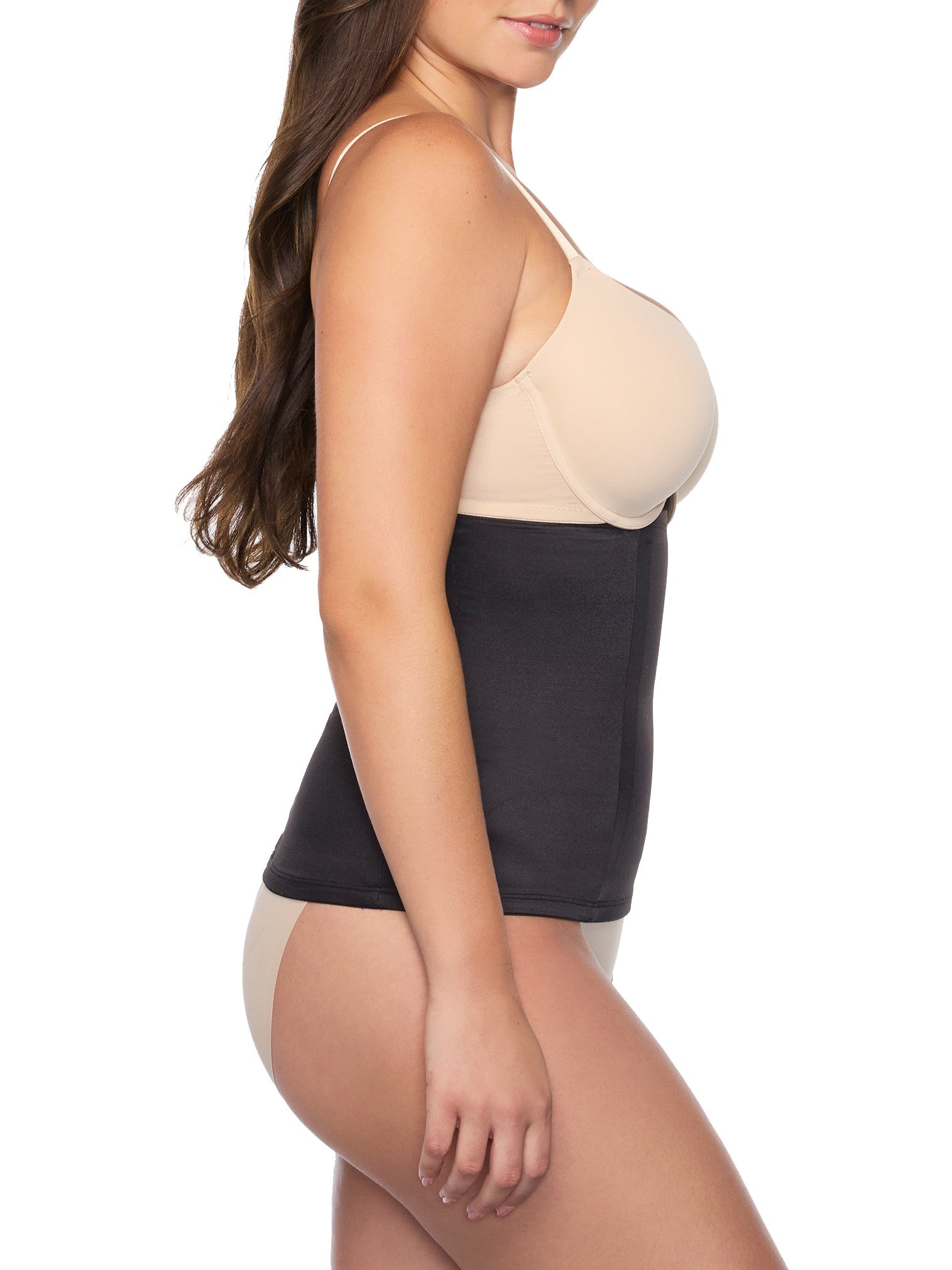 a woman wearing black waist cincher wait trainer shapewear