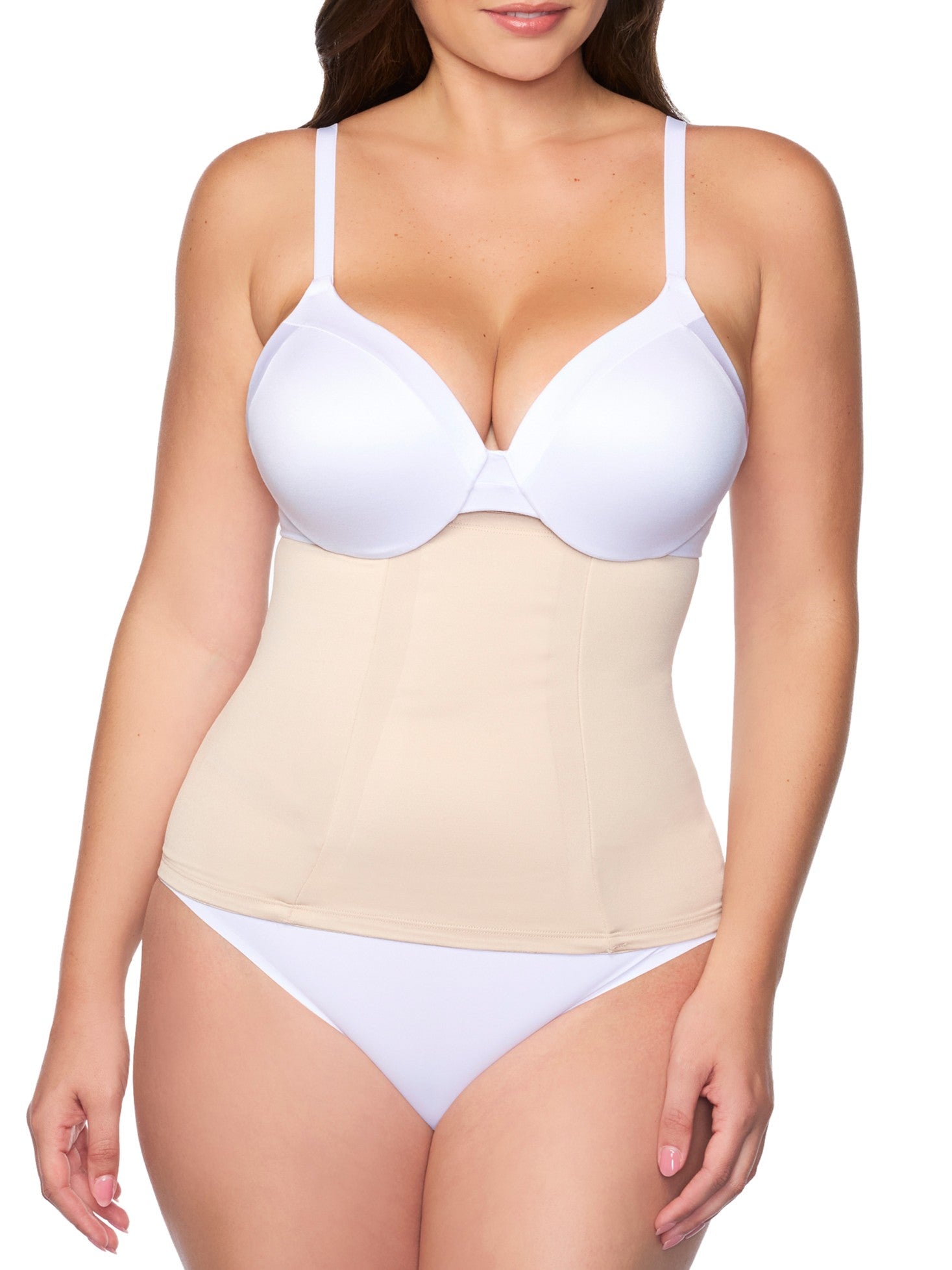 a woman wearing nude waist cincher wait trainer shapewear