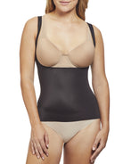 a woman wearing a black open bust shaping camisole shapewear