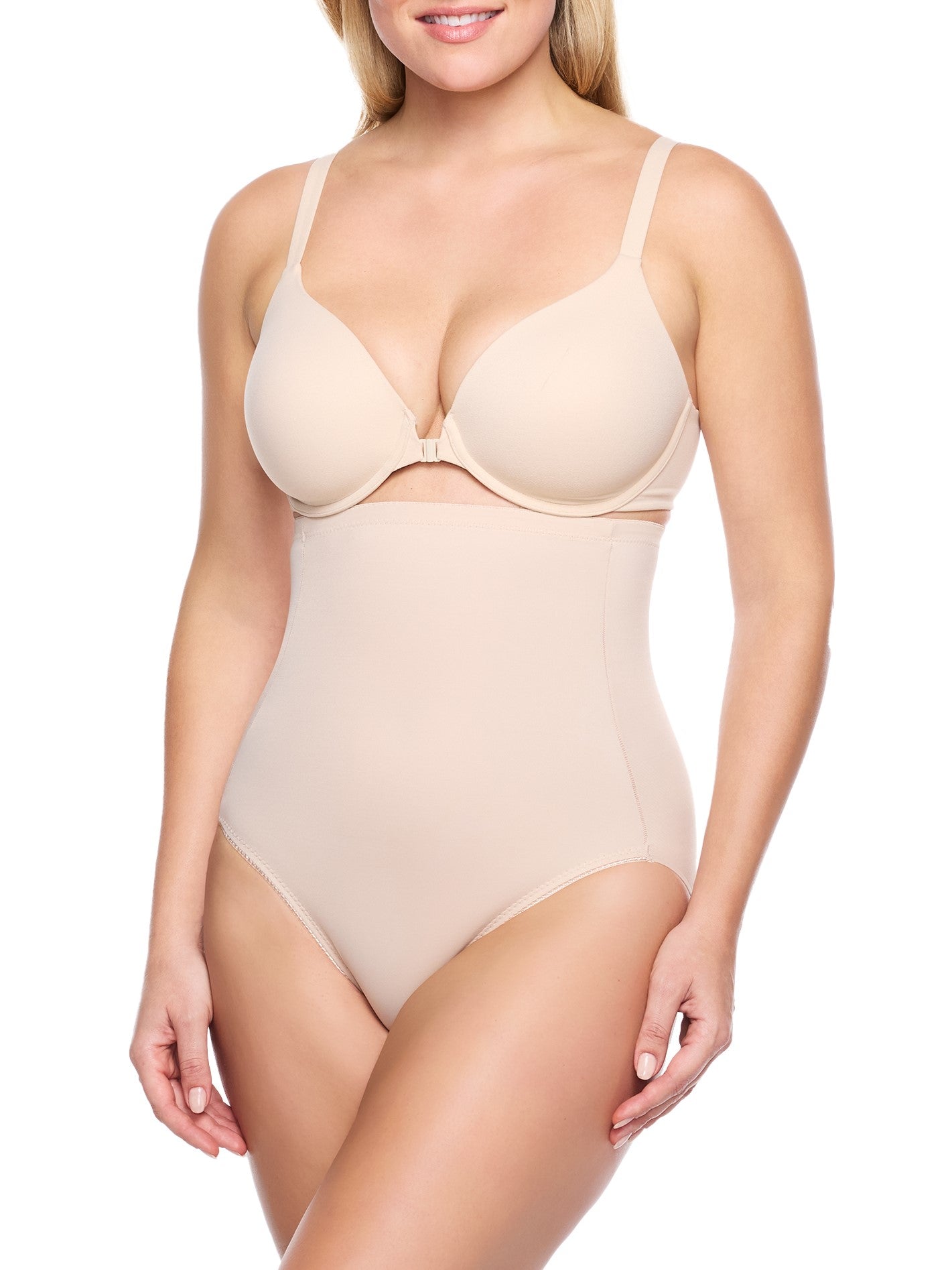 a woman wearing nude high waisted tummy control underwear shapewear