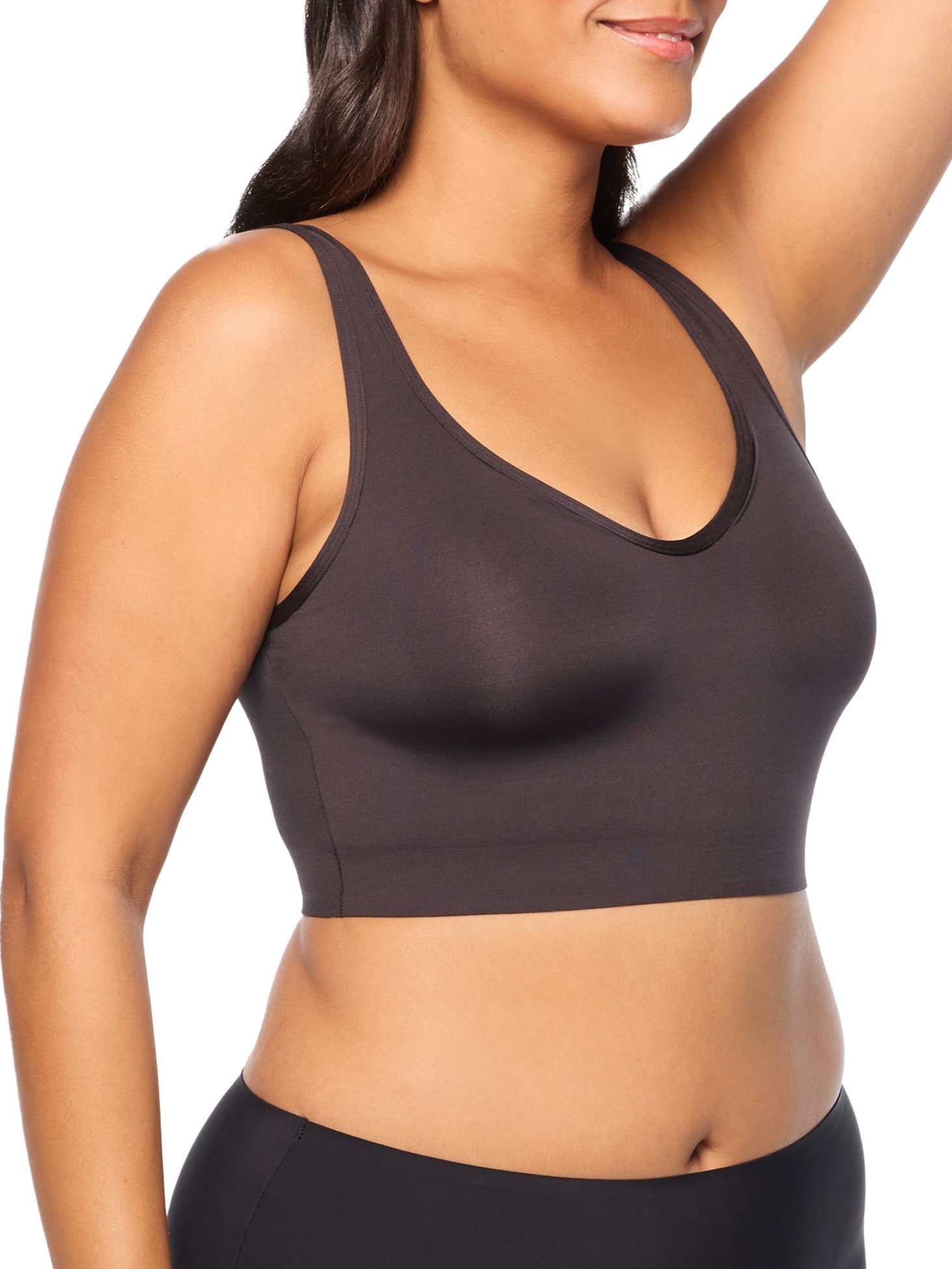 a woman wearing a black wireless bra