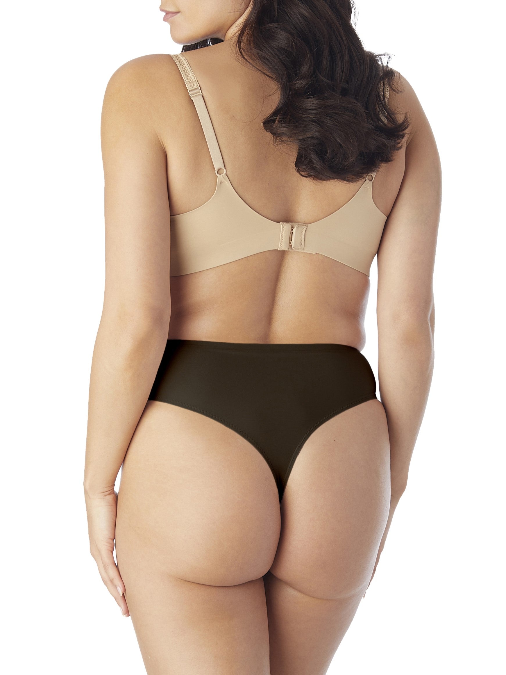 a woman wearing black tummy control thong underwear