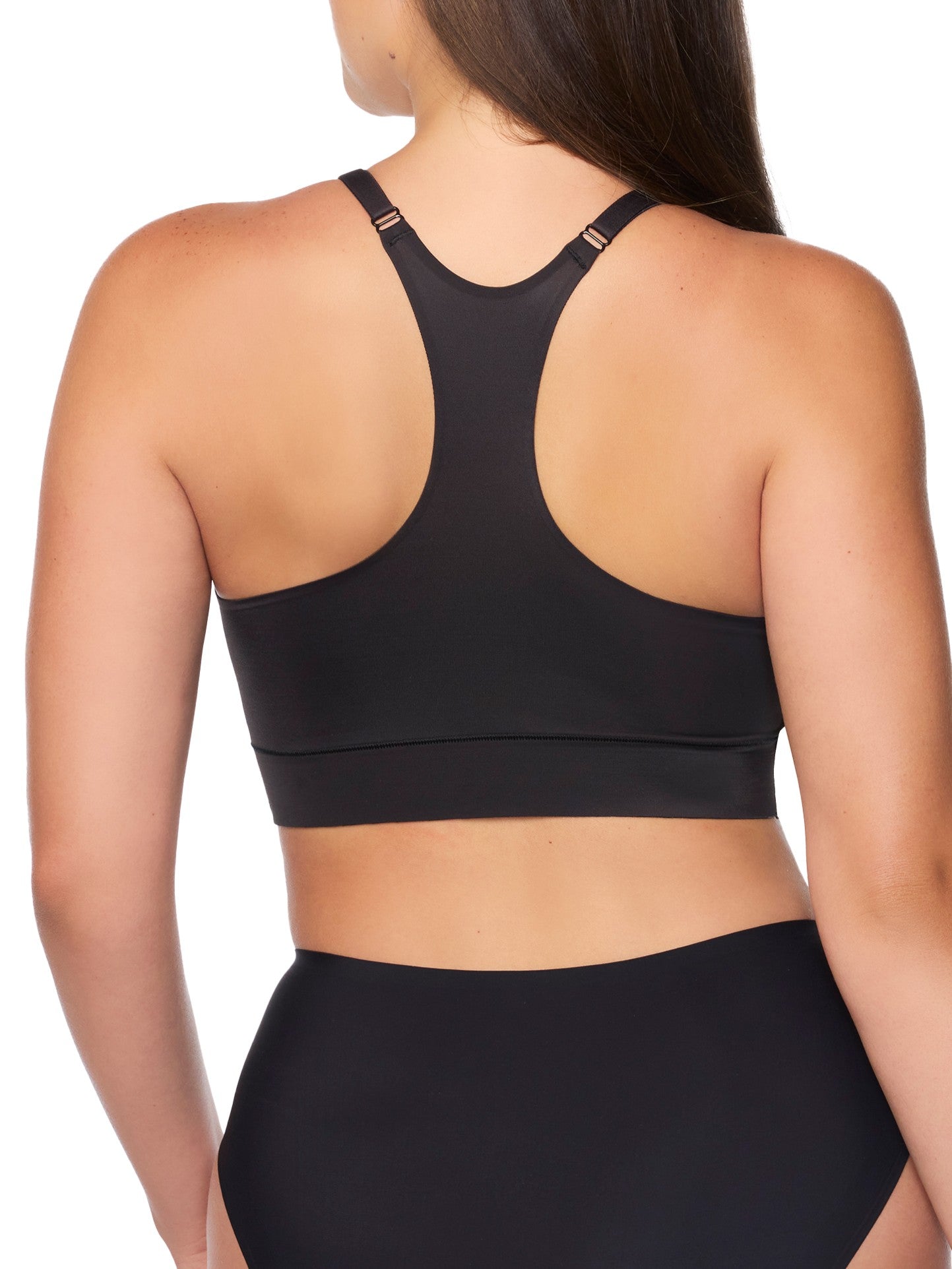 a woman wearing a black racerback wireless bralette