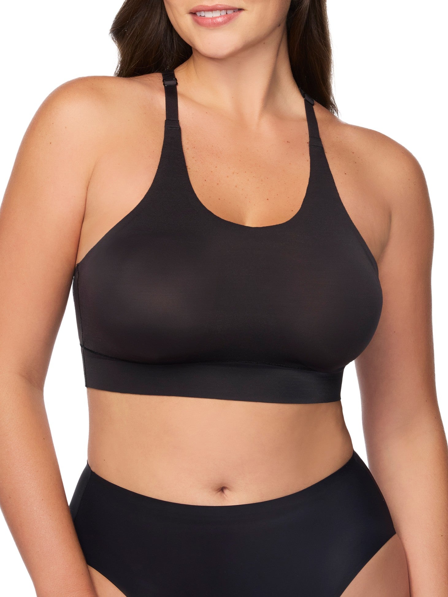 a woman wearing a black racerback wireless bralette